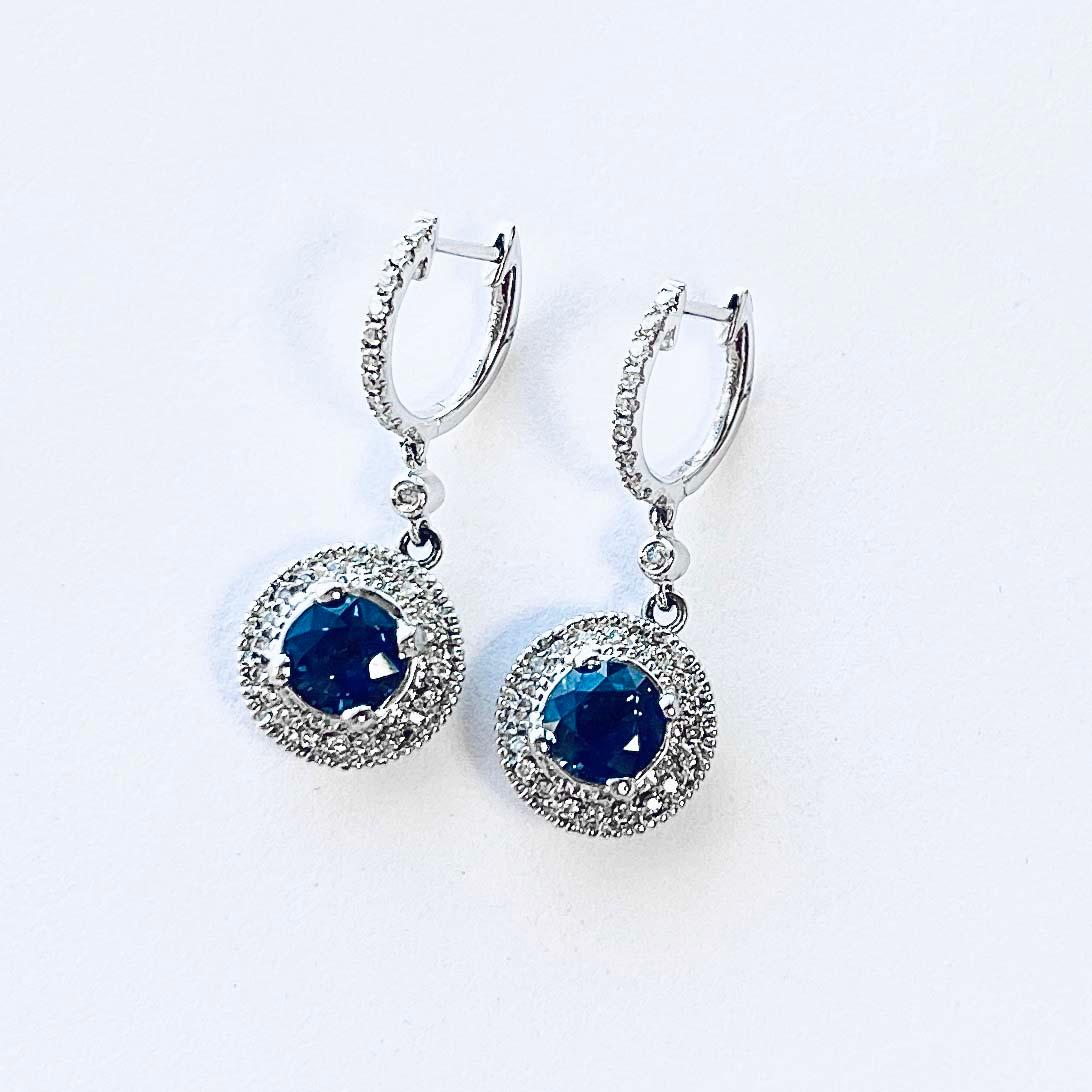 Women's Vitolo 18 Karat Gold Diamond Drop Earrings with Blue Sapphire For Sale
