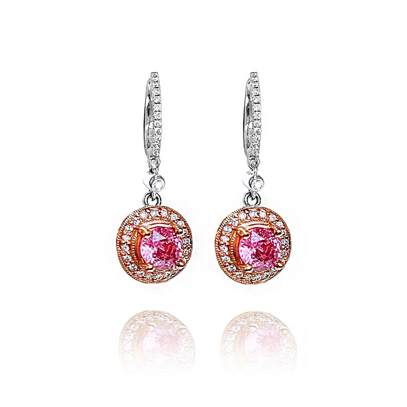 Artisan Vitolo 18 Karat Gold Diamond Drop Earrings with Pink Sapphire For Sale