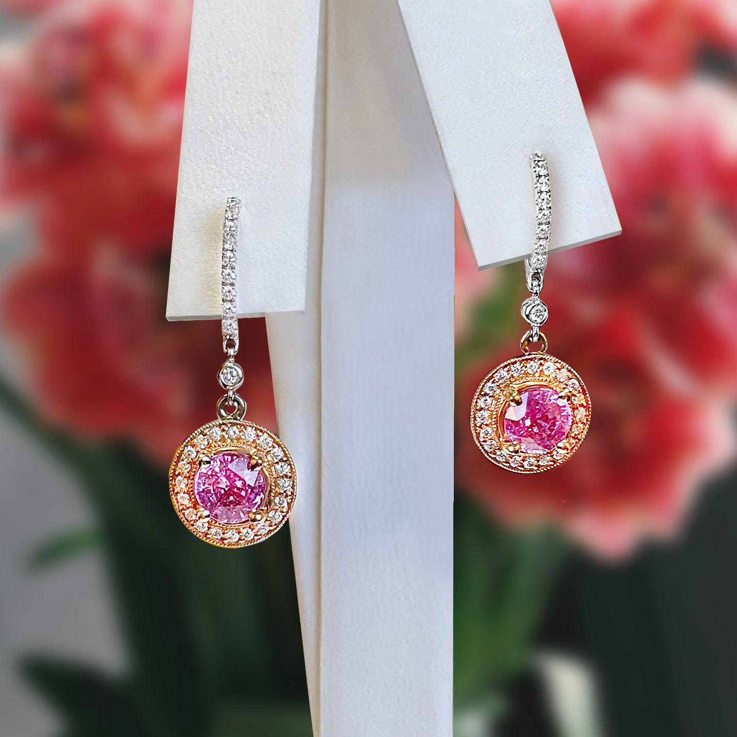 Round Cut Vitolo 18 Karat Gold Diamond Drop Earrings with Pink Sapphire For Sale