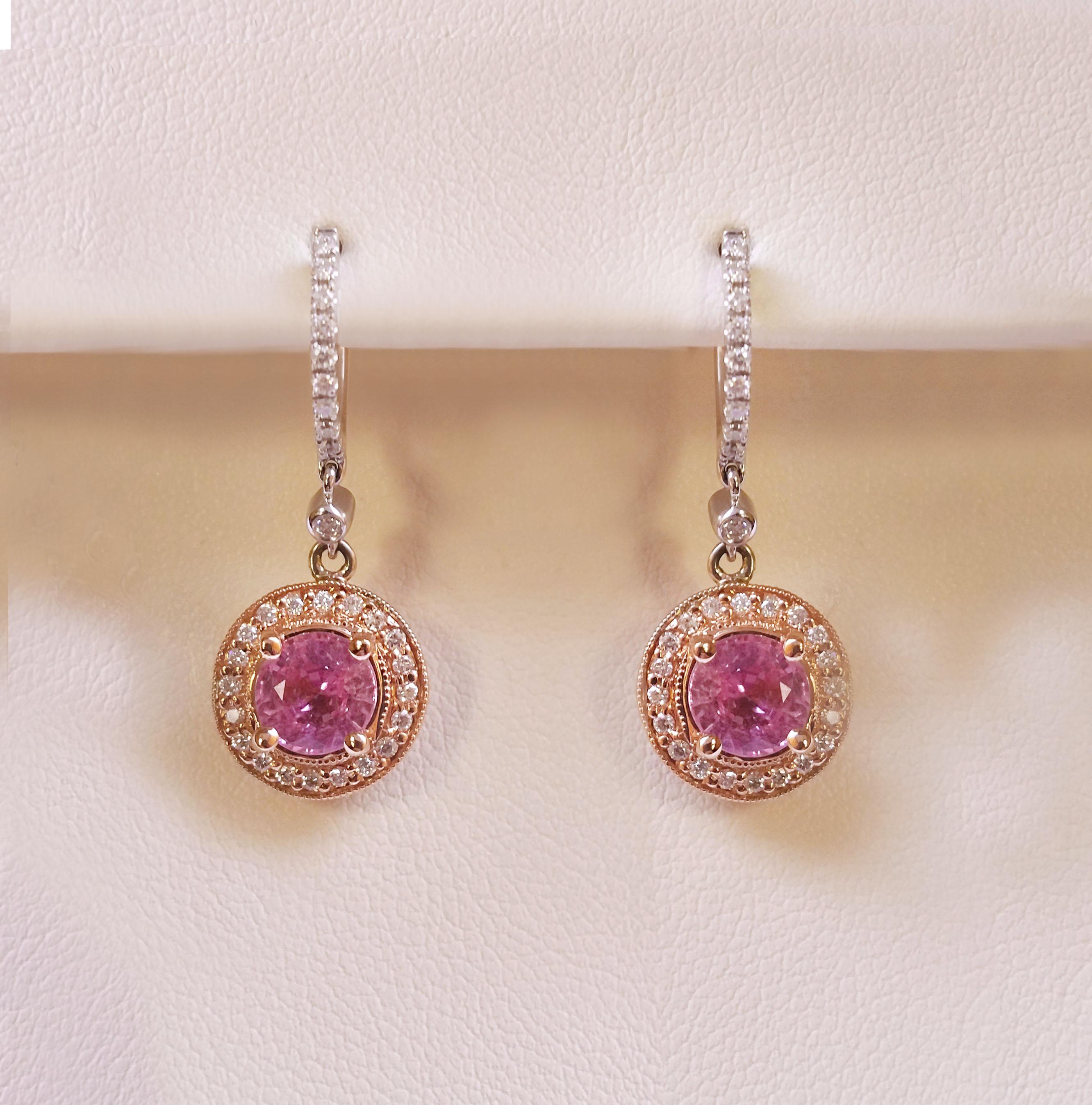 Vitolo 18 Karat Gold Diamond Drop Earrings with Pink Sapphire In New Condition For Sale In Los Angeles, CA