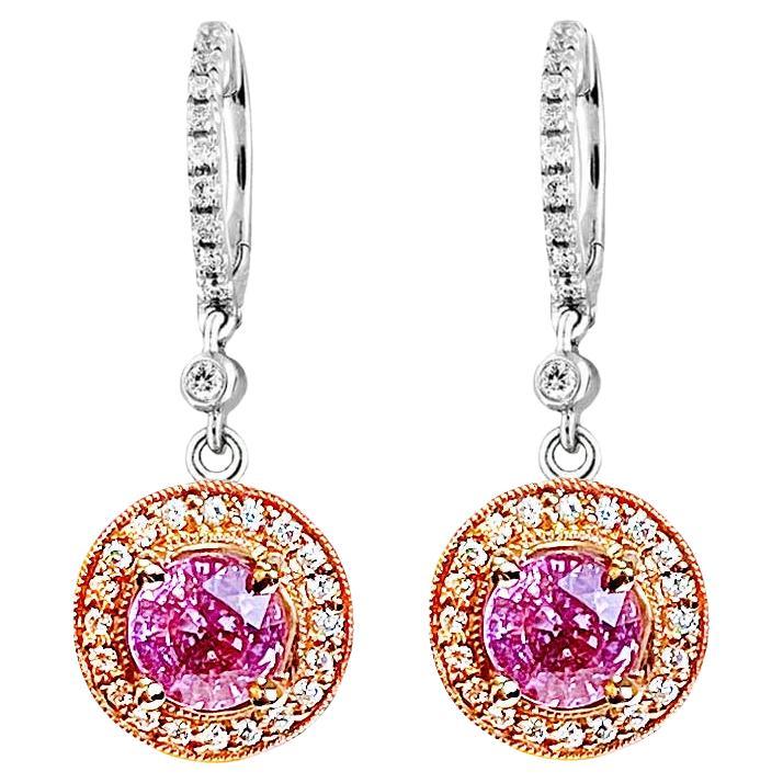 Vitolo 18 Karat Gold Diamond Drop Earrings with Pink Sapphire For Sale