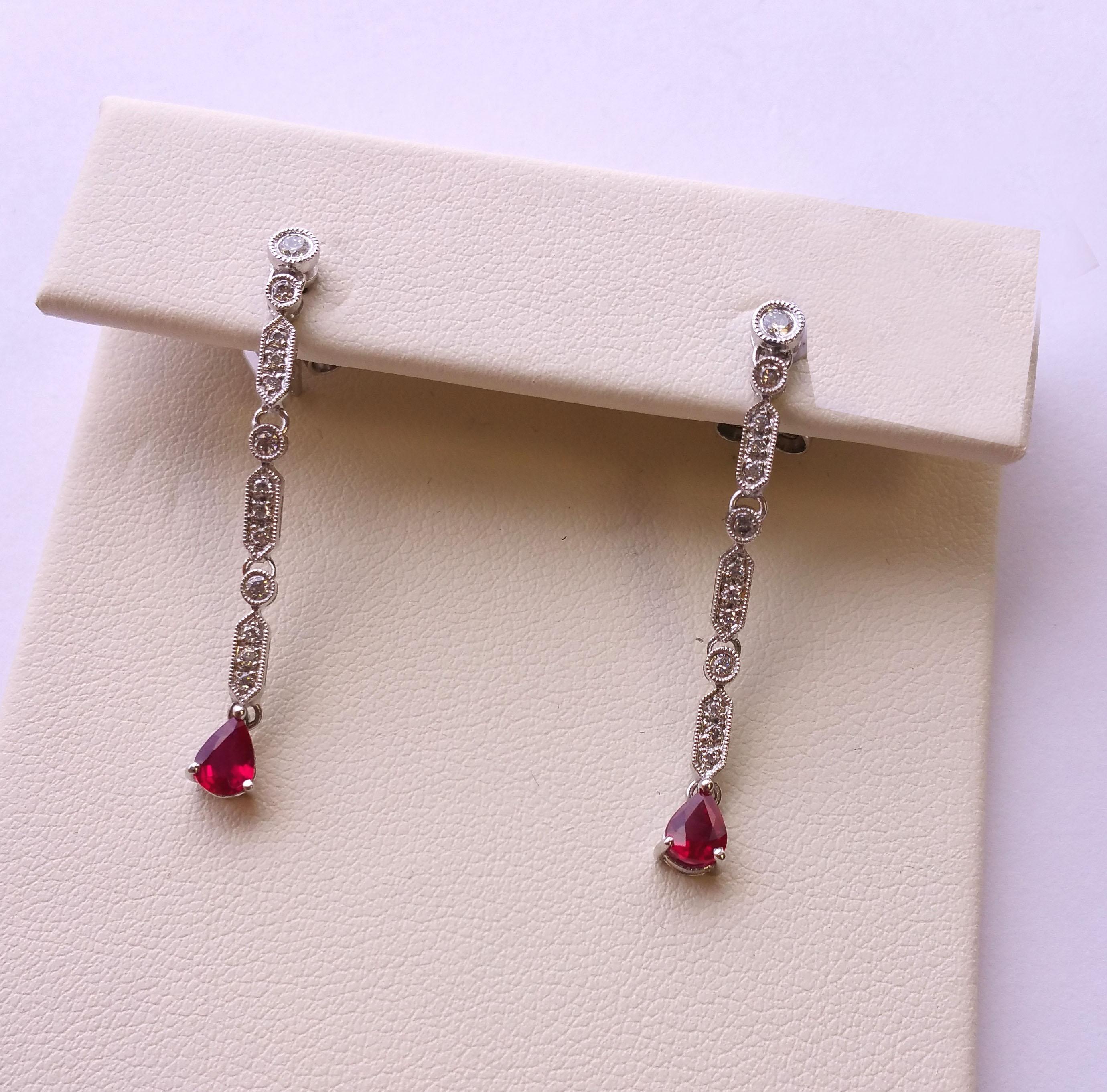 Round Cut Vitolo 18 Karat Gold Diamond Drop Earrings with Ruby For Sale