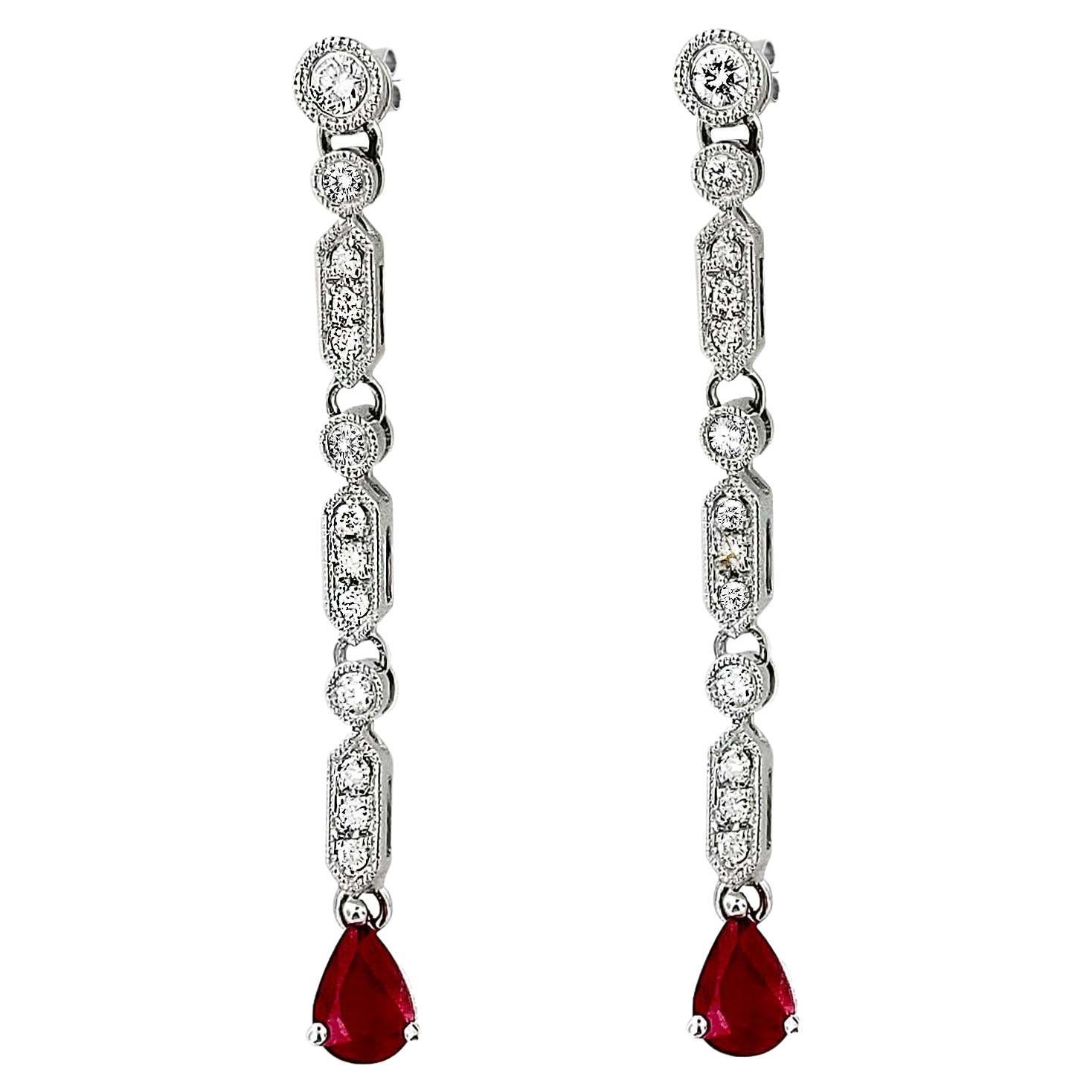 Vitolo 18 Karat Gold Diamond Drop Earrings with Ruby For Sale