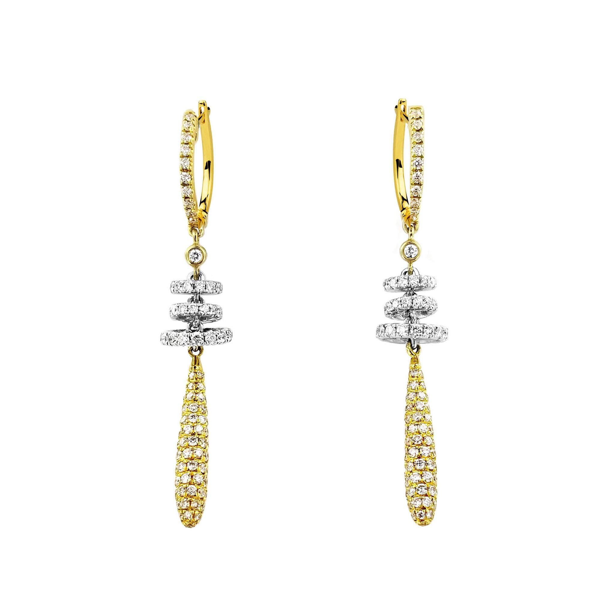 Taille ronde Boucles d'oreilles pendantes en or 18 carats avec diamants en forme de rondelles en vente