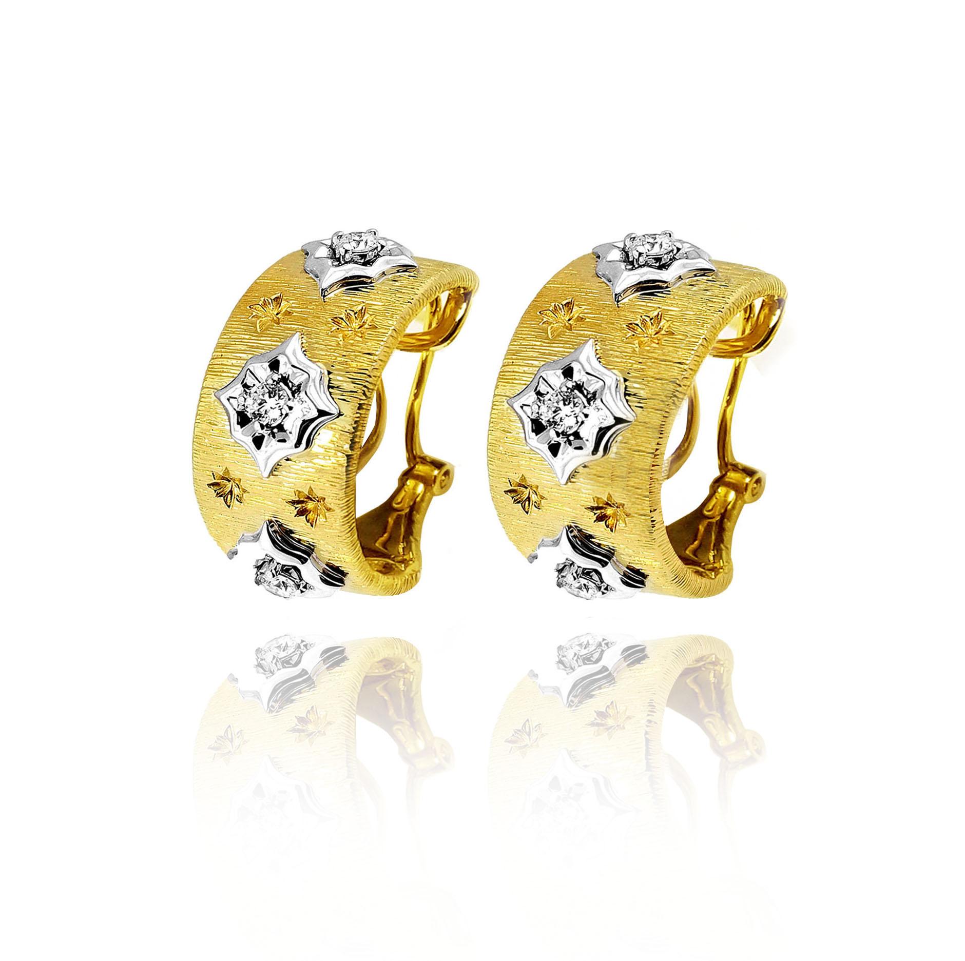 Produced by award winning Italian designer Stefano Vitolo. Stefano creates custom artisanal one of a kind jewelry with excellent gemstones in a truly old world Italian craftmanship.
These handcrafted earrings have 0.11 total carat weight of F/G