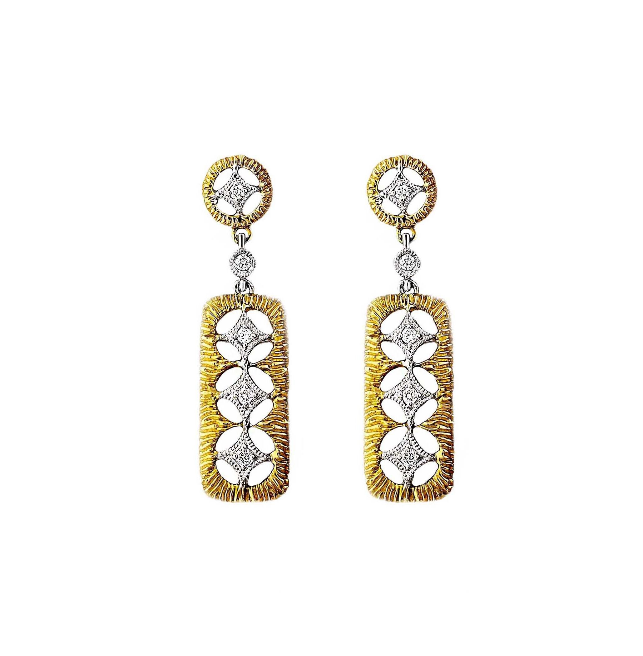 Produced by award winning Italian designer Stefano Vitolo. Stefano creates custom artisanal one of a kind jewelry with excellent gemstones in a truly old world Italian craftmanship.
These handcrafted earrings have 0.15 total carat weight of F/G