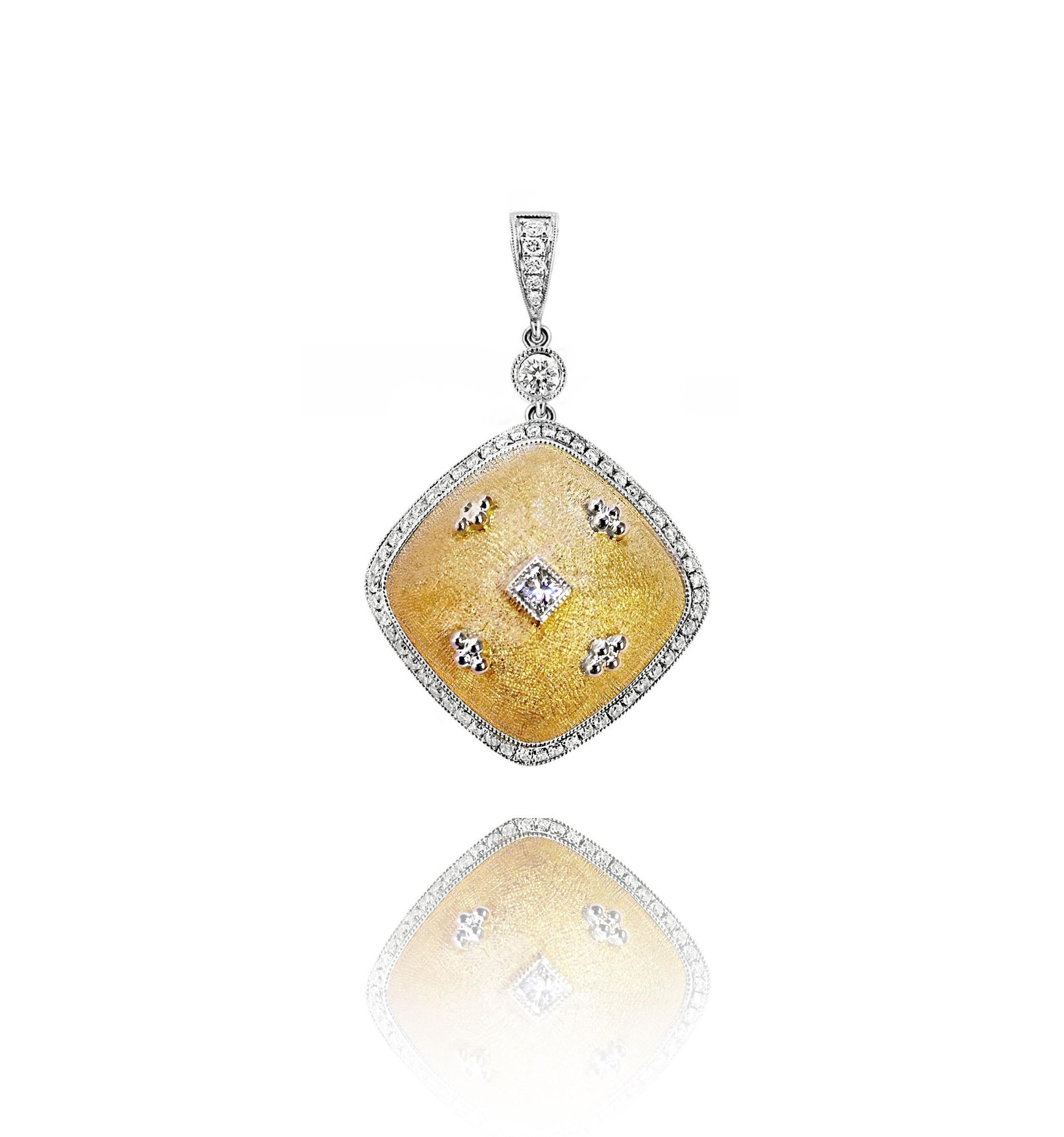 Produced by award winning Italian designer Stefano Vitolo. Stefano creates custom artisanal one of a kind jewelry with excellent gemstones in a truly old world Italian craftmanship.

This handcrafted pendant has 0.57 total carat weight of F/G color,