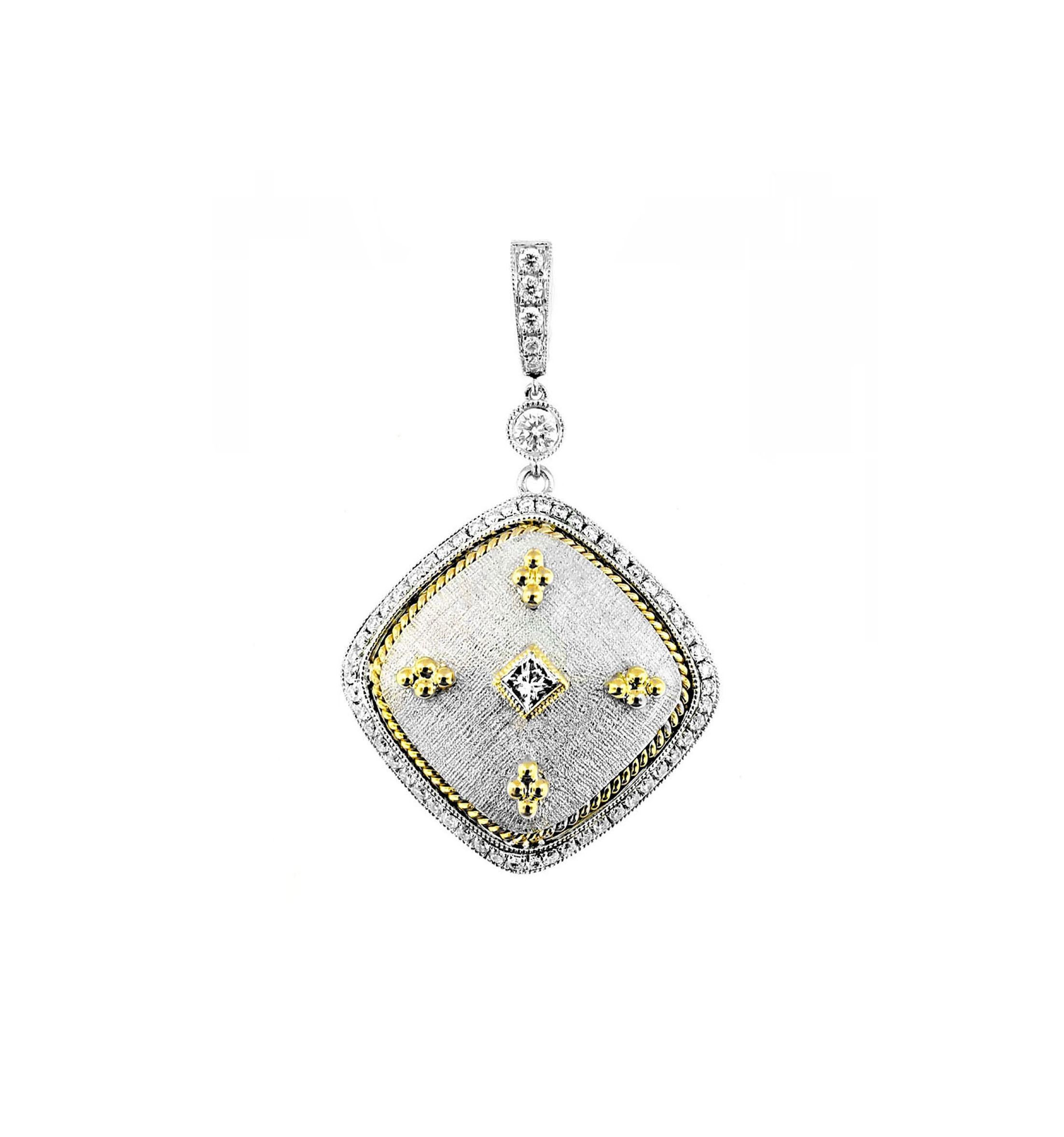 Round Cut Vitolo 18 Karat Gold Florentine Finish Diamond Pendant For Sale