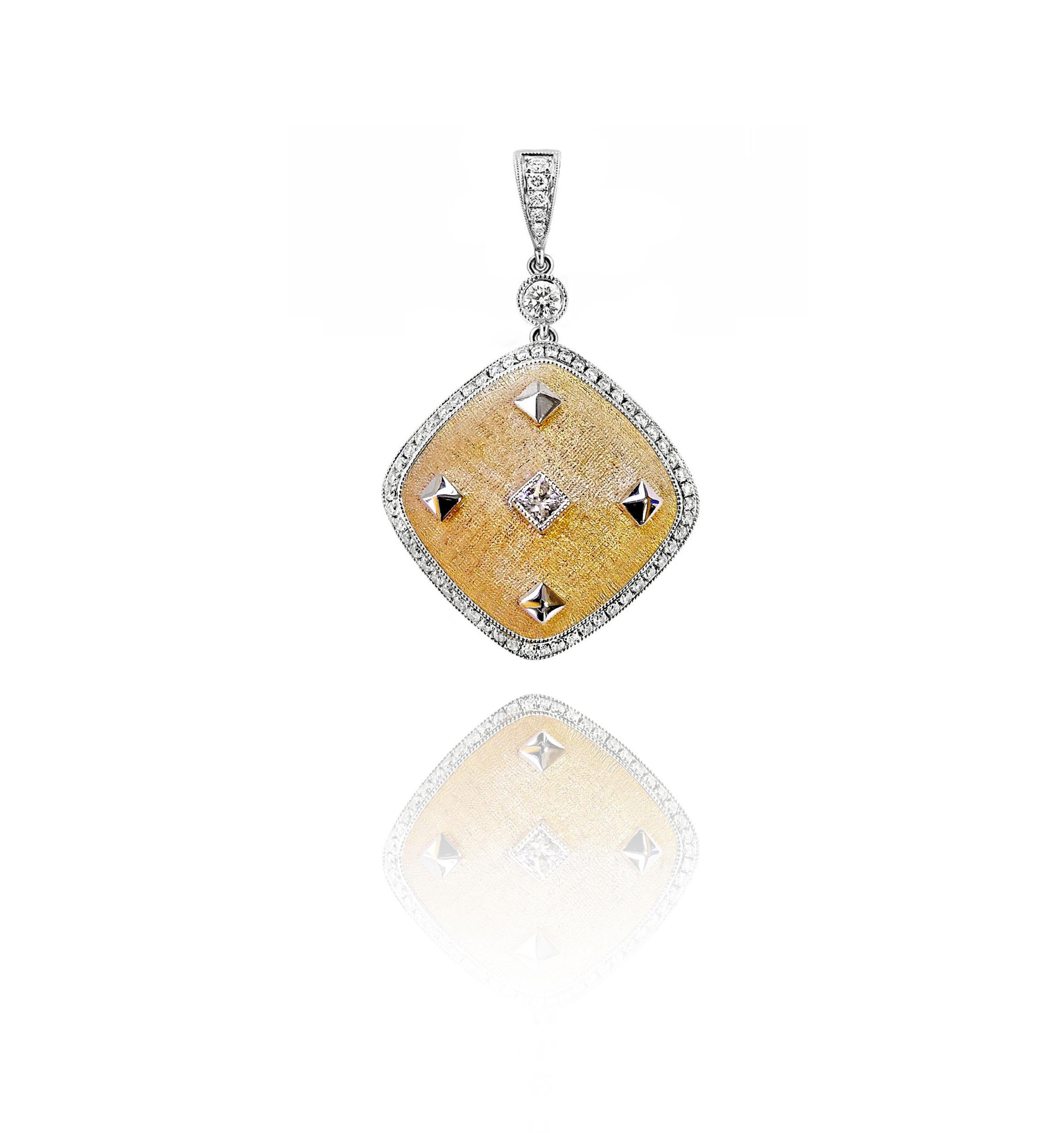 Artisan Vitolo 18 Karat Gold Florentine Finish Diamond Pendant  For Sale