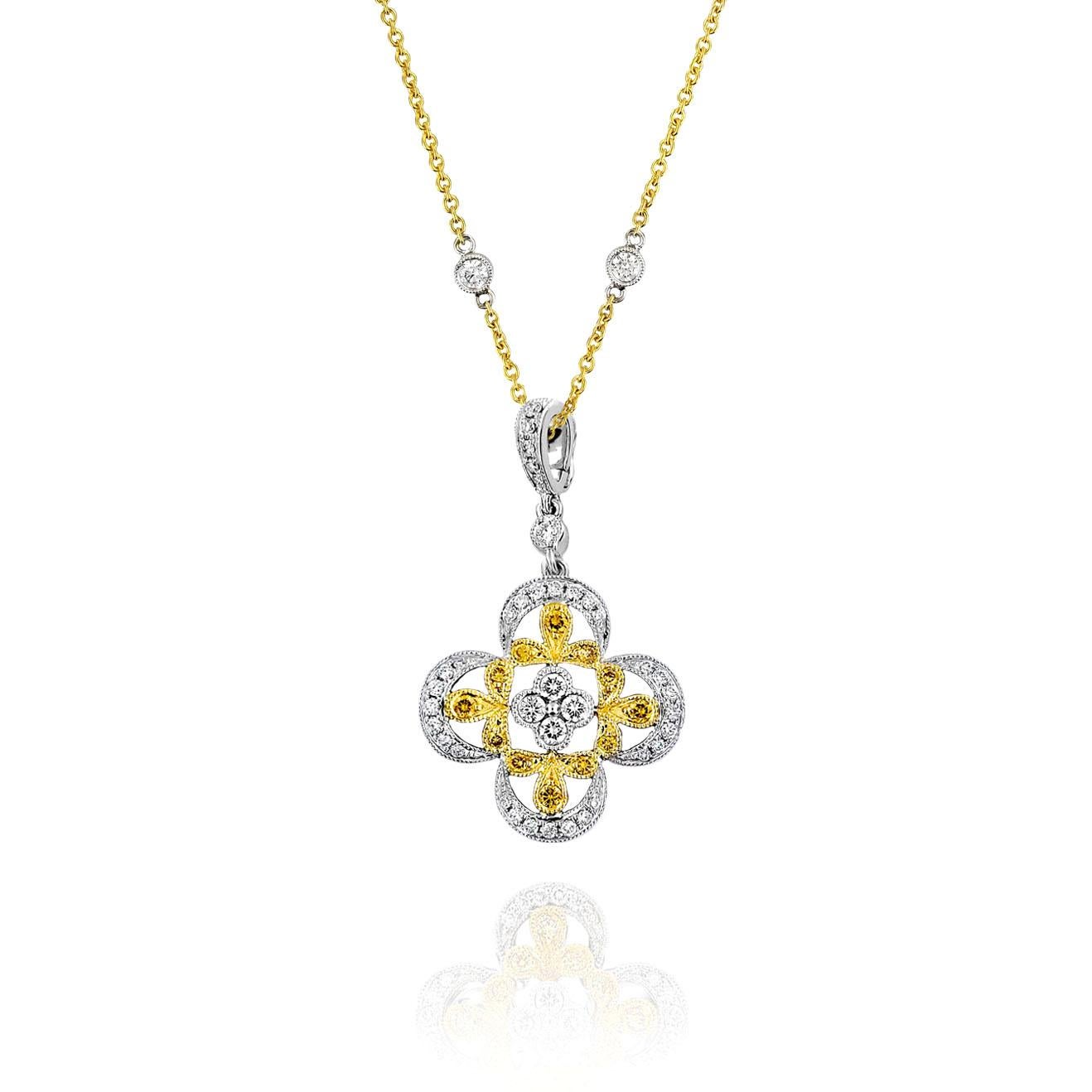 Round Cut Vitolo 18 Karat Gold Flower Motif Diamond Pendant For Sale