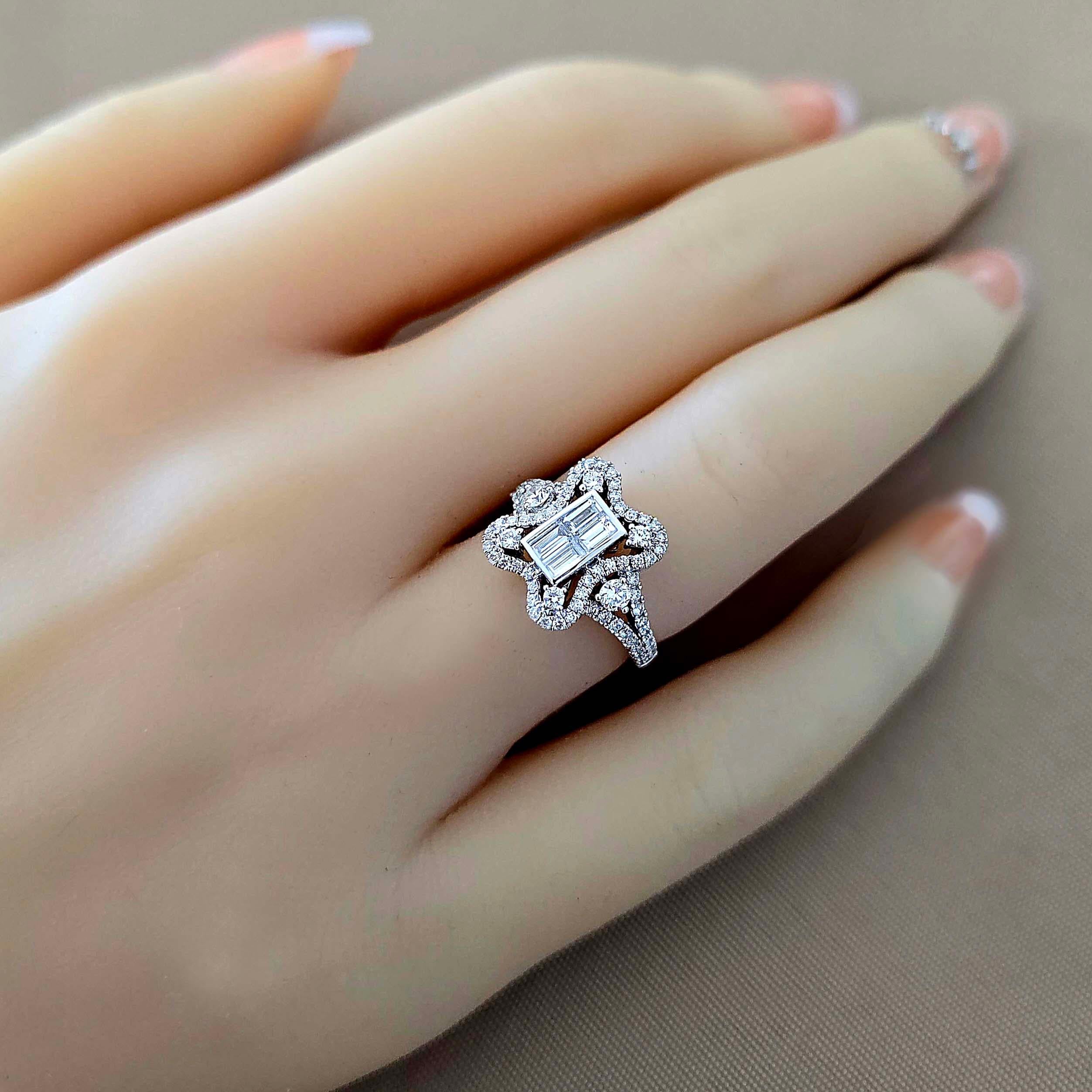 Anillo de Diamantes con Motivo Flor Vitolo de Oro de 18 Kilates Corte baguette en venta
