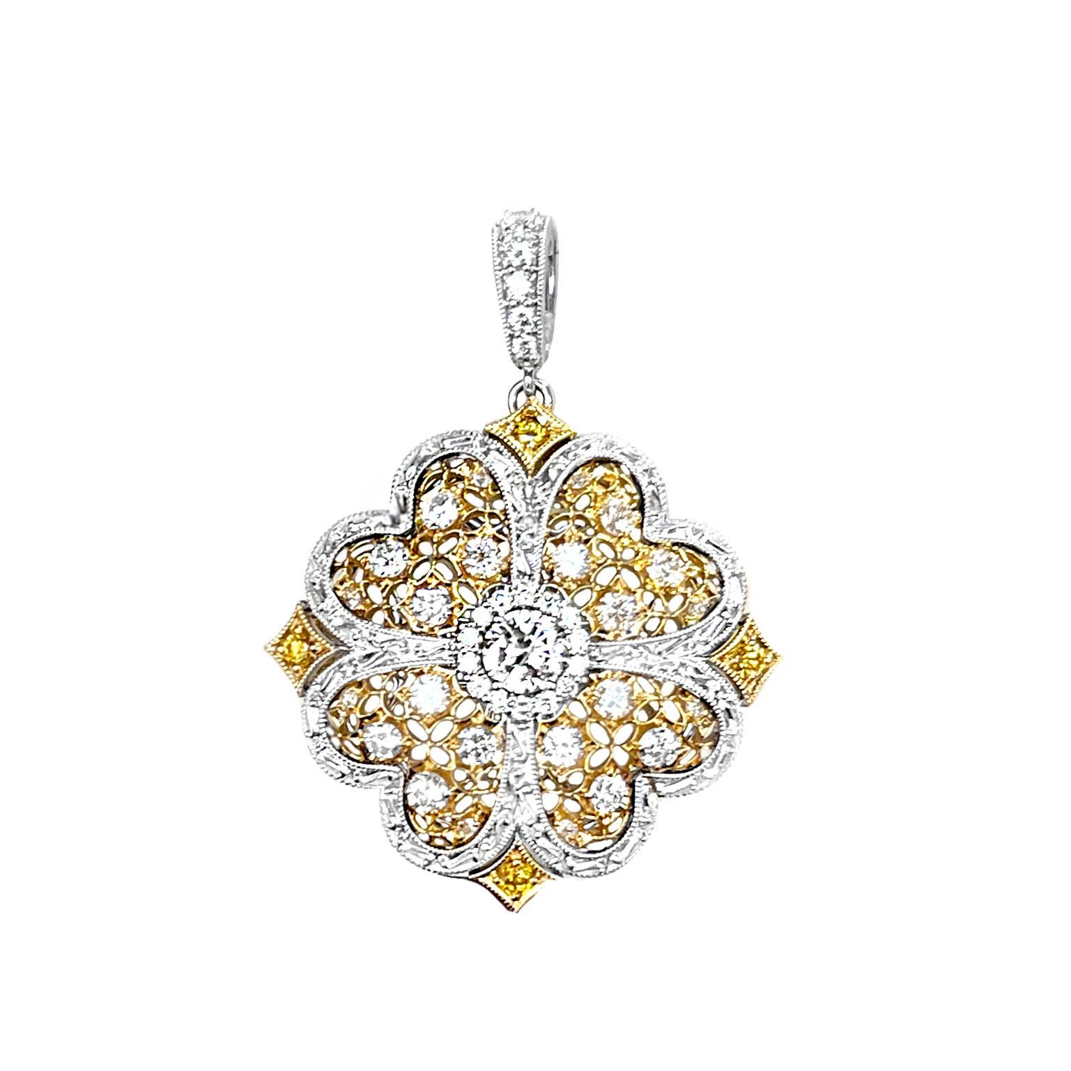 Produced by award winning Italian designer Stefano Vitolo. Stefano creates custom artisanal one of a kind jewelry with excellent gemstones in a truly old world Italian craftmanship.
This diamond pendant has 1.45 carat weight of F/G color and 0.14