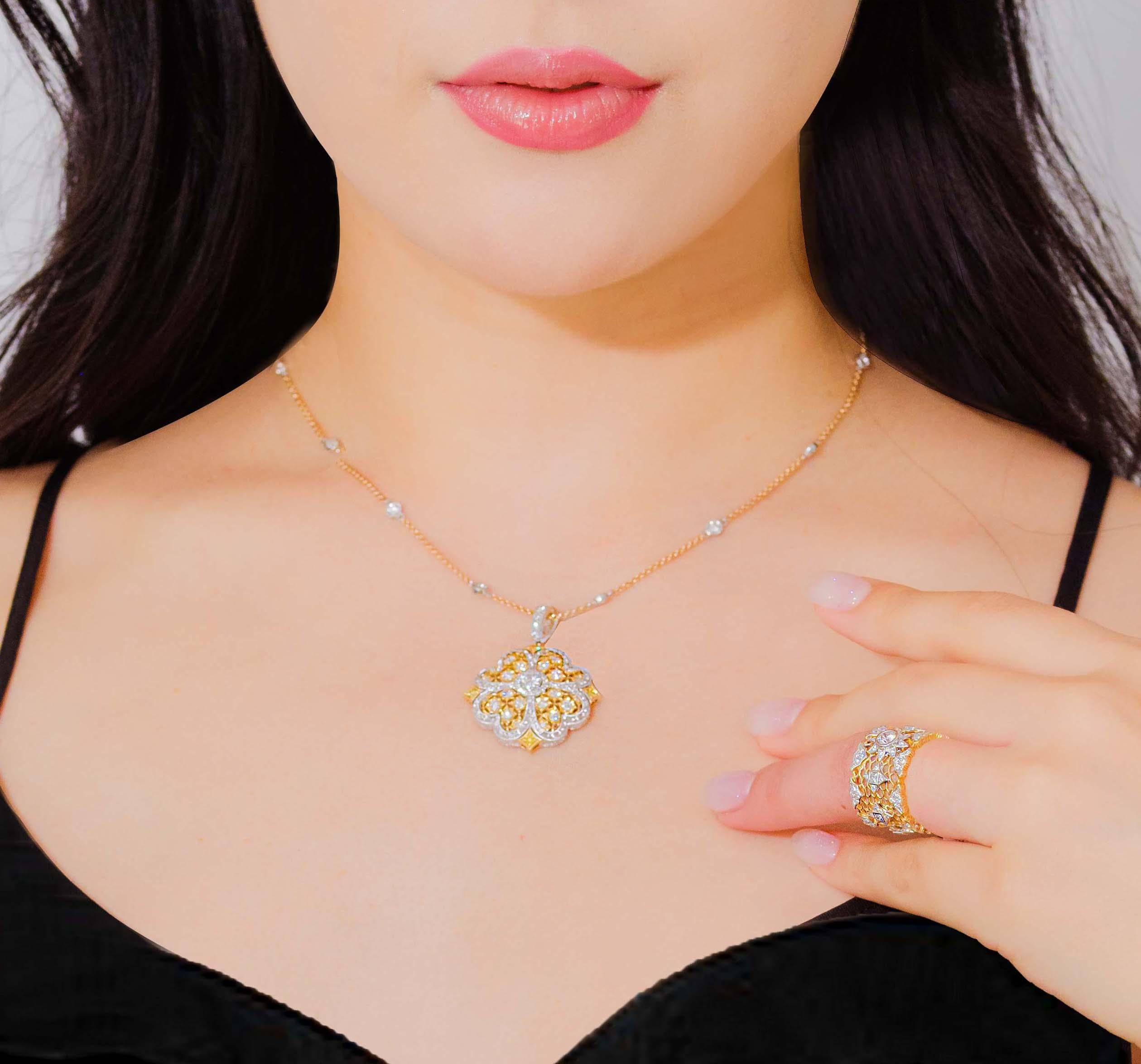 Produced by award winning Italian designer Stefano Vitolo. Stefano creates custom artisanal one of a kind jewelry with excellent gemstones in a truly old world Italian craftmanship.
This diamond pendant has 1.45 carat weight of F/G color and 0.14