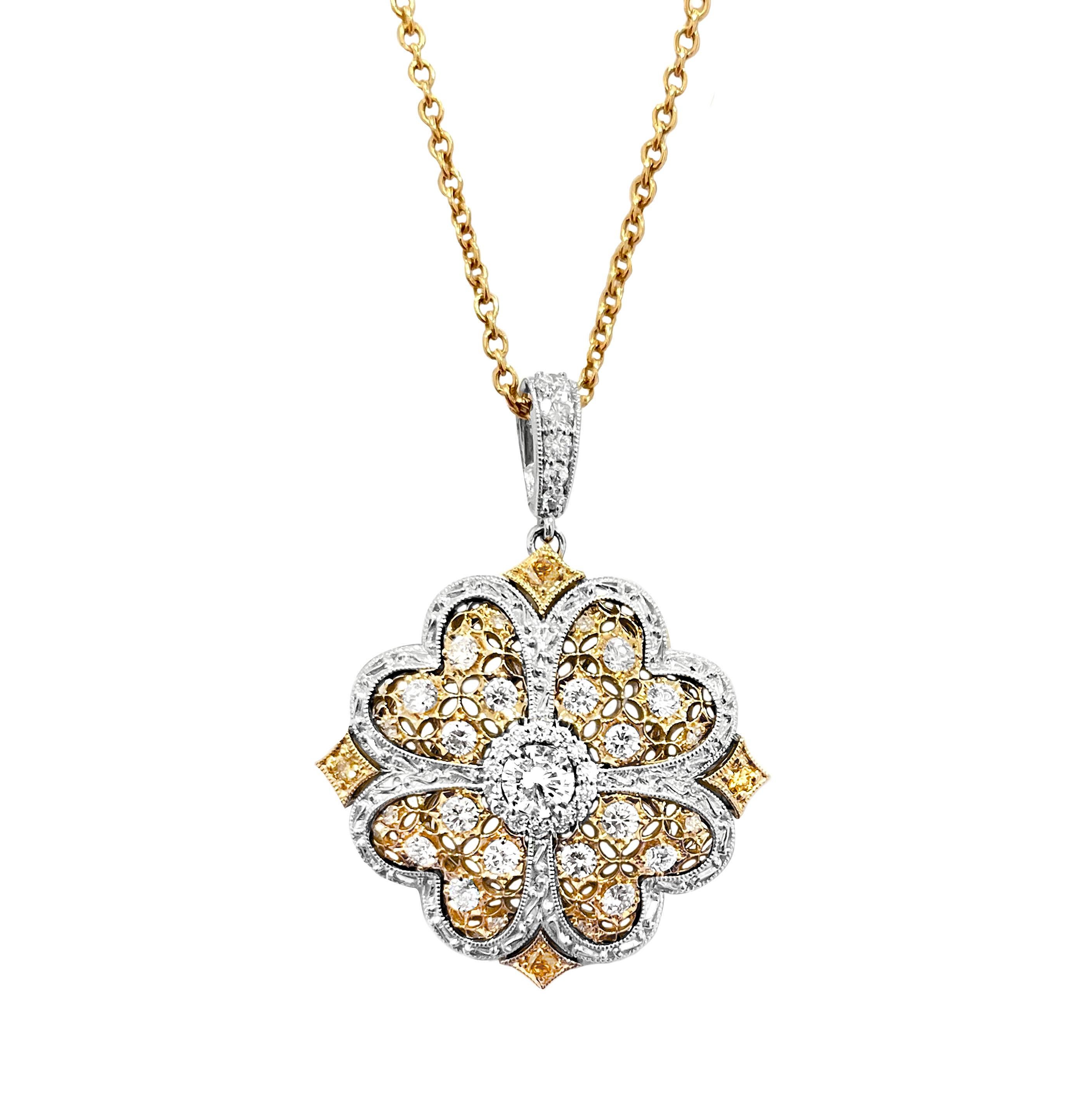 Artisan Vitolo 18 Karat Gold Flower Motif Luxury Diamond Pendant For Sale