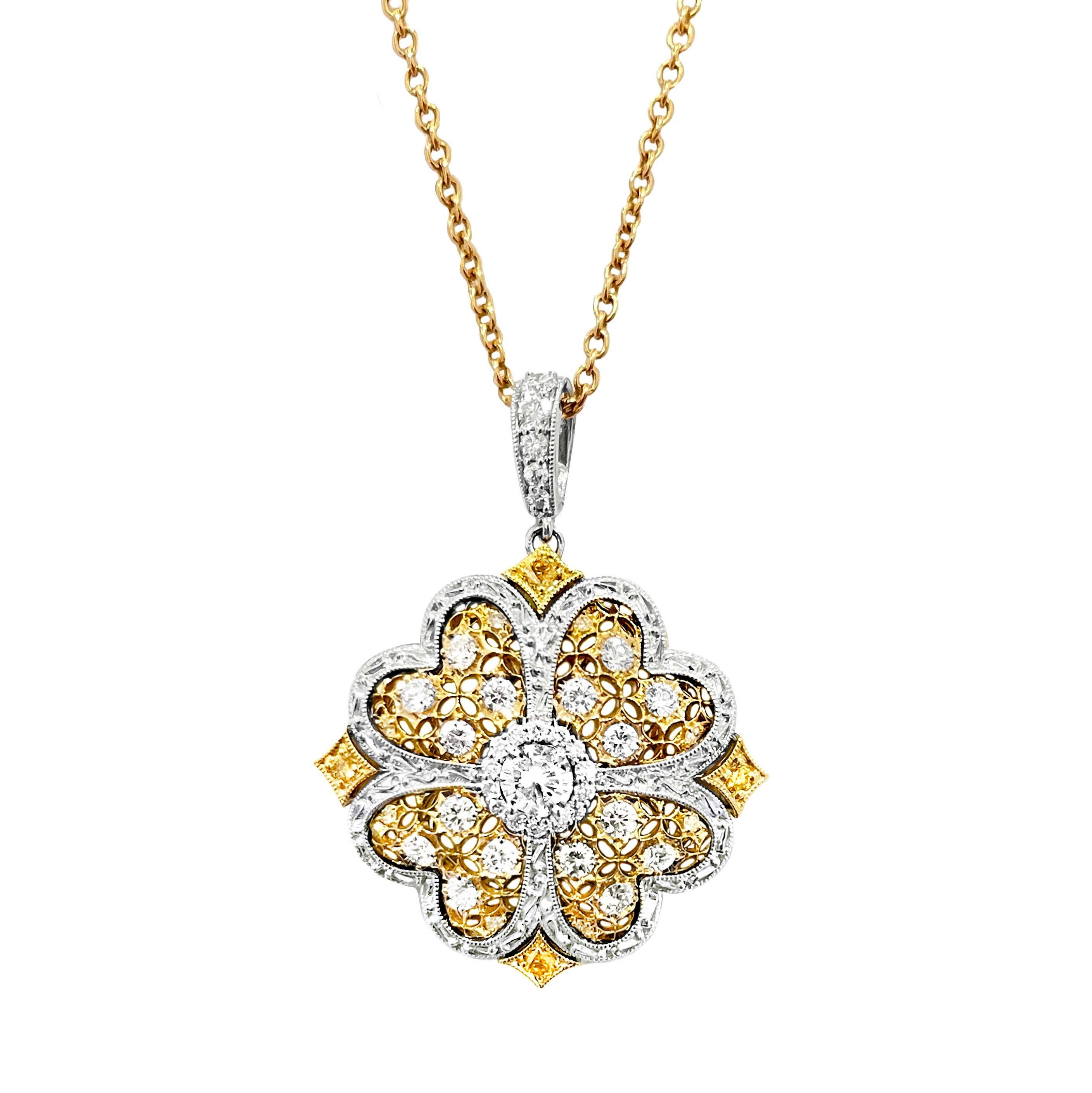 Artisan Vitolo 18 Karat Gold Flower Motif Luxury Diamond Pendant For Sale