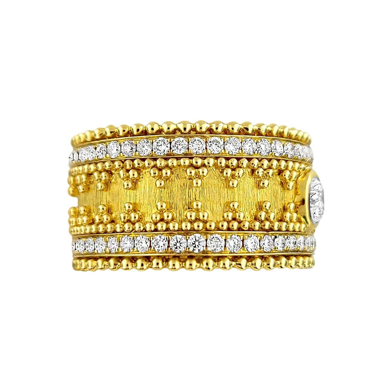 Artisan 18 Karat Gold Granulata Style Oval Diamond Ring For Sale