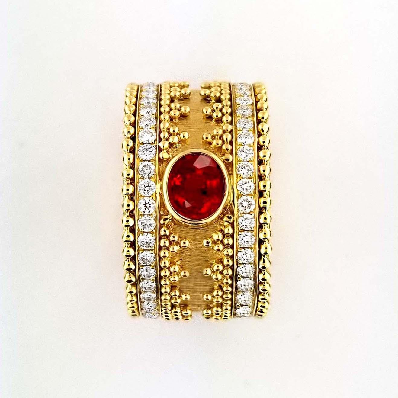 Artisan Vitolo 18 Karat Gold Granulata Style Oval Ruby and Diamond Ring For Sale