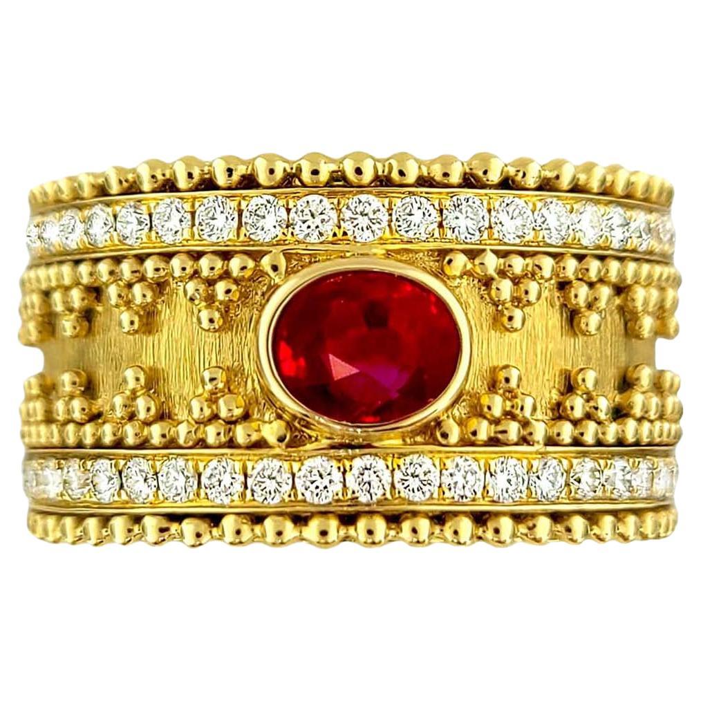Vitolo 18 Karat Gold Granulata Style Oval Ruby and Diamond Ring For Sale