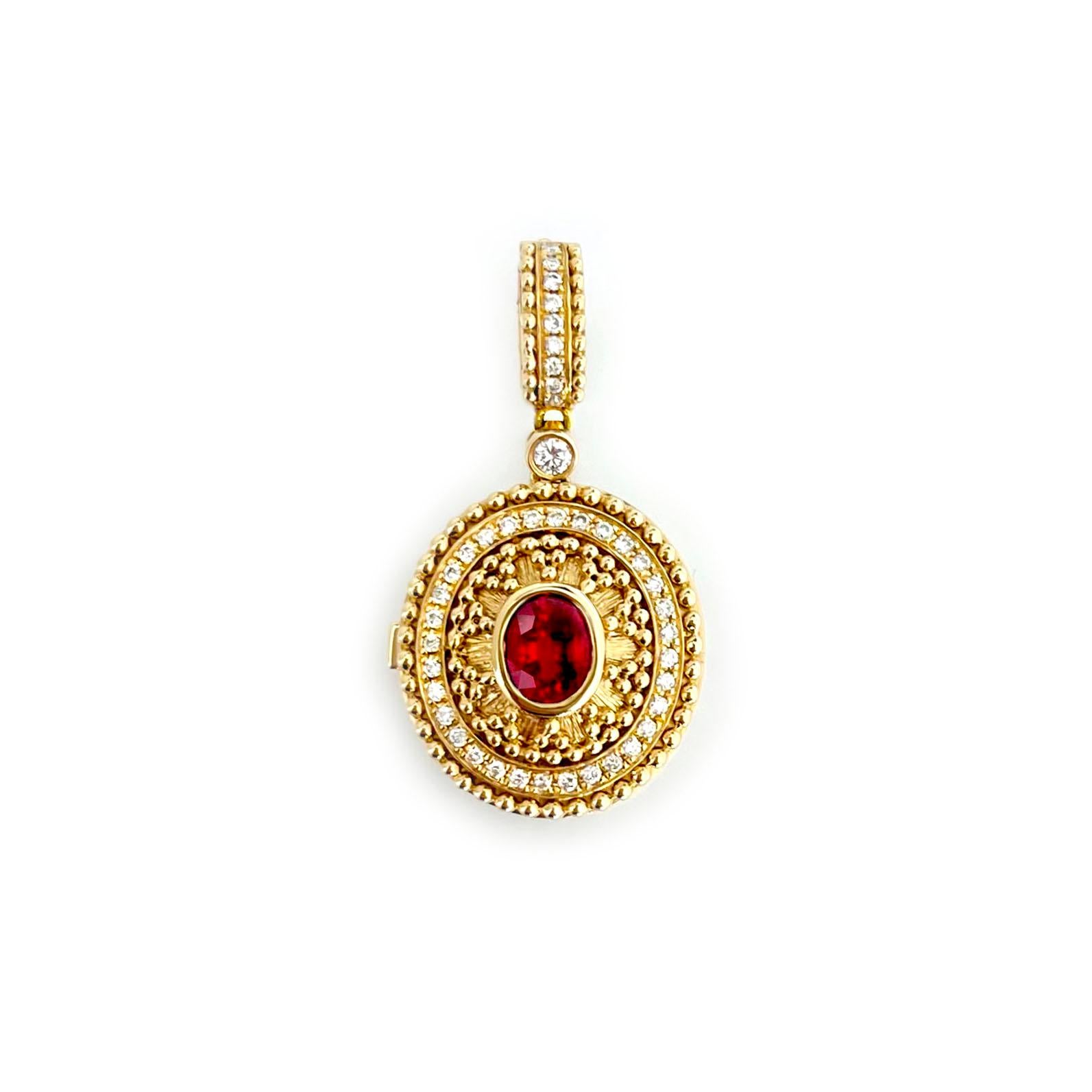 Produced by award winning Italian designer Stefano Vitolo. Stefano creates custom artisanal one of a kind jewelry with excellent gemstones in a truly old world Italian craftmanship.

Gemstones: Ruby 0.66ct, Diamonds 0.16ct
Width x Length: 15 x 30mm