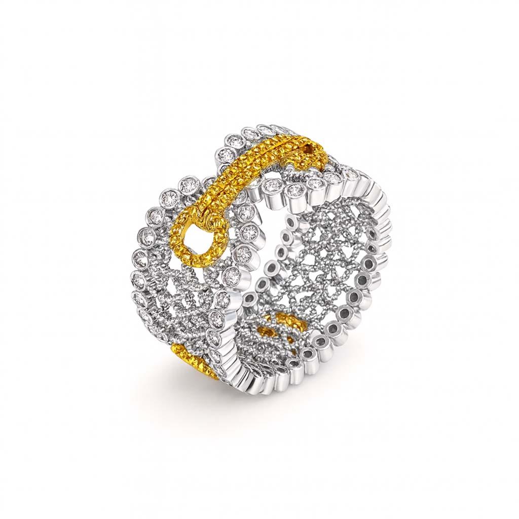 Donna Vitolo Anello A Link in oro 18 carati fatto a mano con diamanti bianchi e gialli in vendita