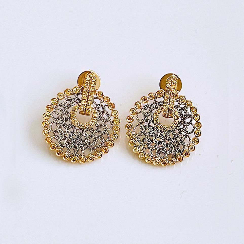 Vitolo 18 Karat Gold Handmade Mesh Earrings with Yellow Diamonds For Sale 1