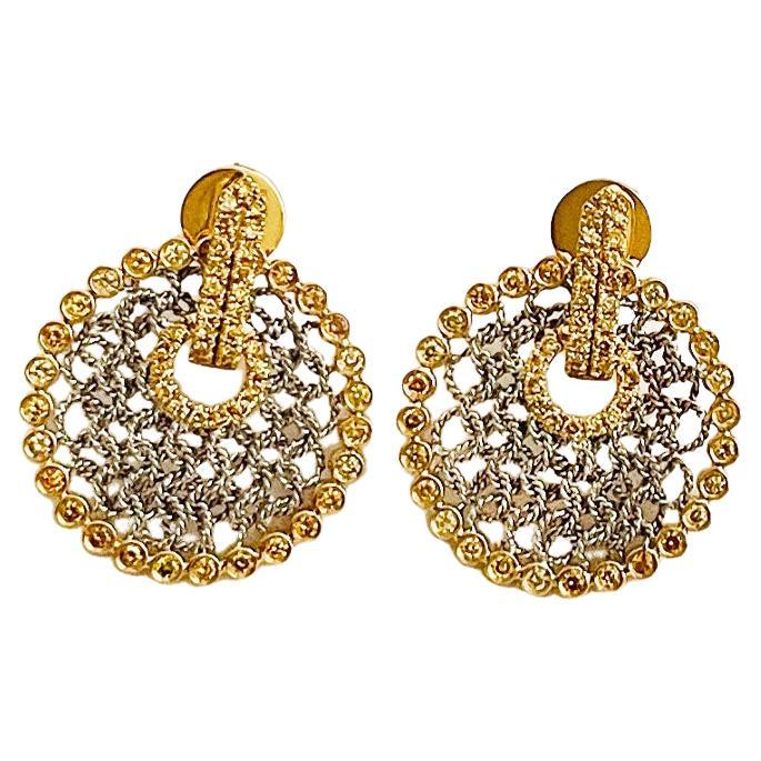Vitolo 18 Karat Gold Handmade Mesh Earrings with Yellow Diamonds For Sale