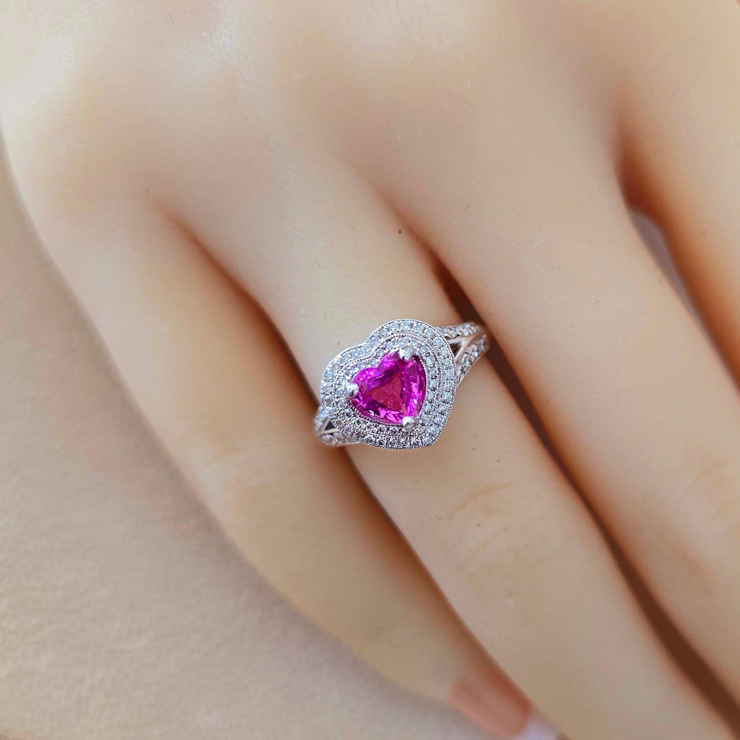Artisan Vitolo 18 Karat Gold Heart Shape Pink Sapphire And Pave' Diamonds Ring For Sale