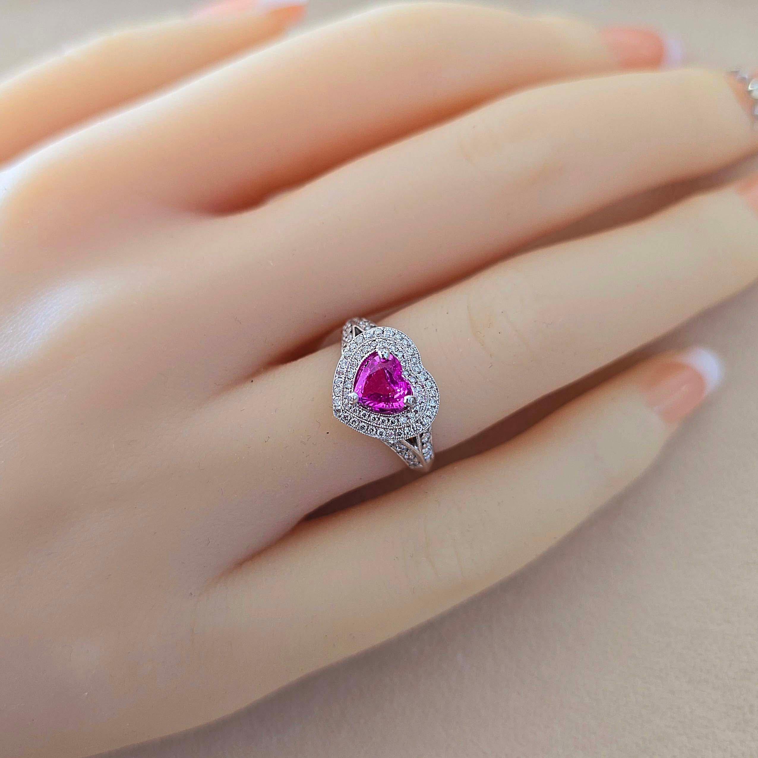 Round Cut Vitolo 18 Karat Gold Heart Shape Pink Sapphire And Pave' Diamonds Ring For Sale