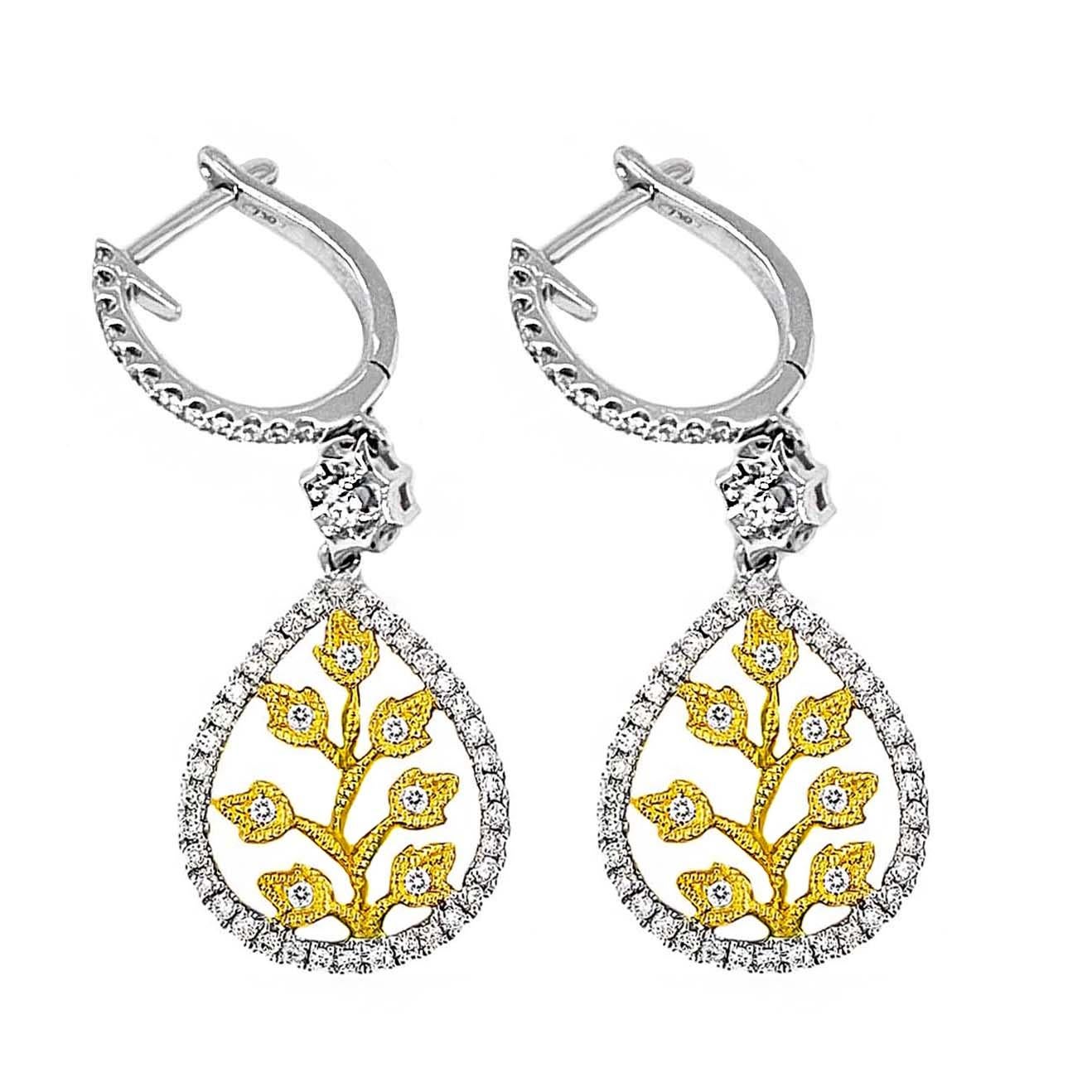 Artisan 18 Karat Gold Leaf Diamond Earrings For Sale