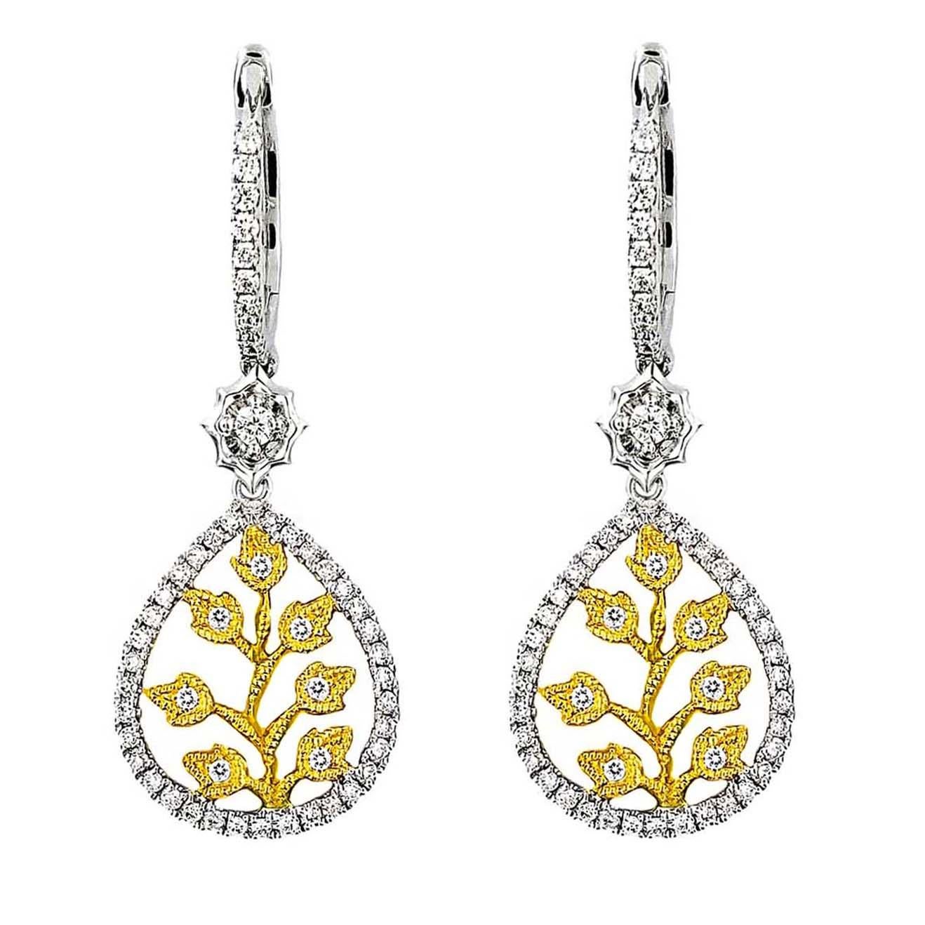 Round Cut 18 Karat Gold Leaf Diamond Earrings For Sale