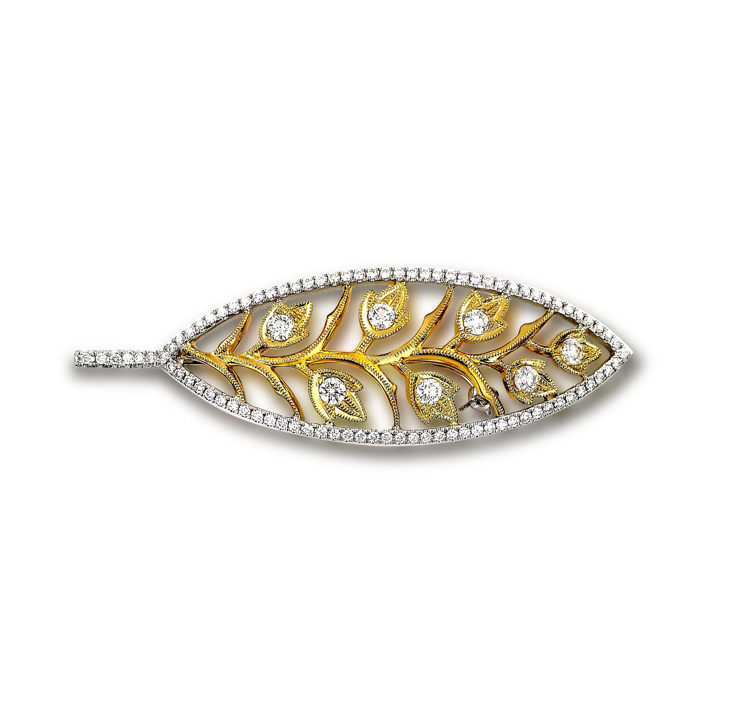 Produced by award winning Italian designer Stefano Vitolo. Stefano creates custom artisanal one of a kind jewelry with excellent gemstones in a truly old world Italian craftmanship.
This handcrafted brooch has 1.43 total carat weight of F/G color