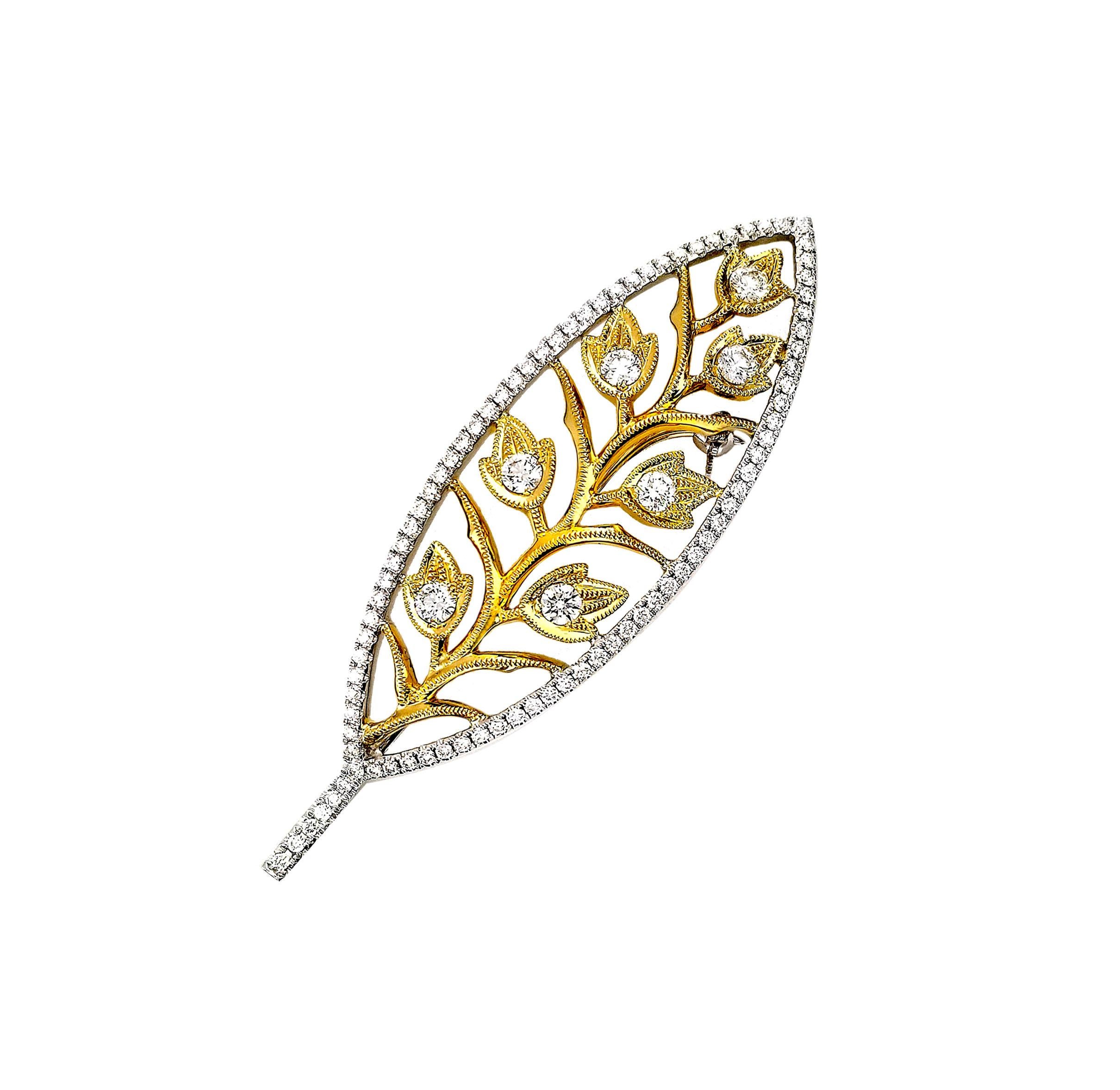 Artisan Vitolo 18 Karat Gold Leaf Motif Diamond Brooch For Sale