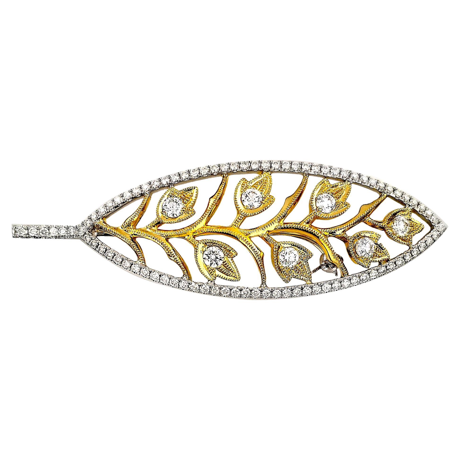 Vitolo 18 Karat Gold Leaf Motif Diamond Brooch For Sale