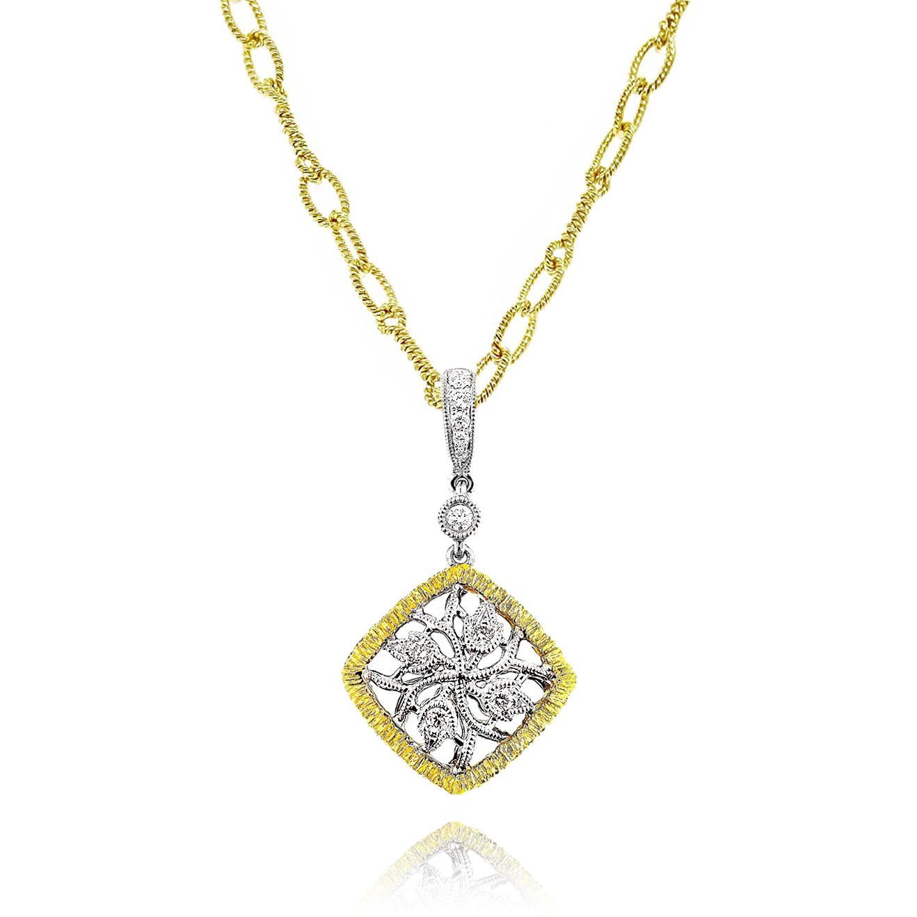 Produced by award winning Italian designer Stefano Vitolo. Stefano creates custom artisanal one of a kind jewelry with excellent gemstones in a truly old world Italian craftmanship.

This handcrafted pendant has 0.13 total carat weight of F/G color,