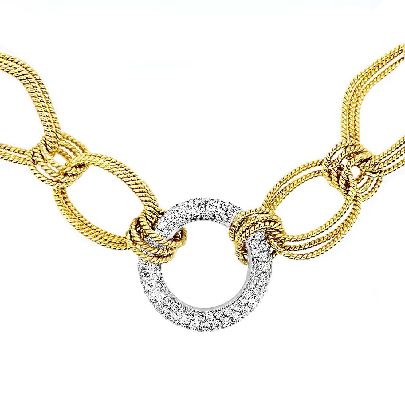 Round Cut Vitolo 18 Karat Handmade Link Necklace with Double Sided Diamond Set Circle For Sale