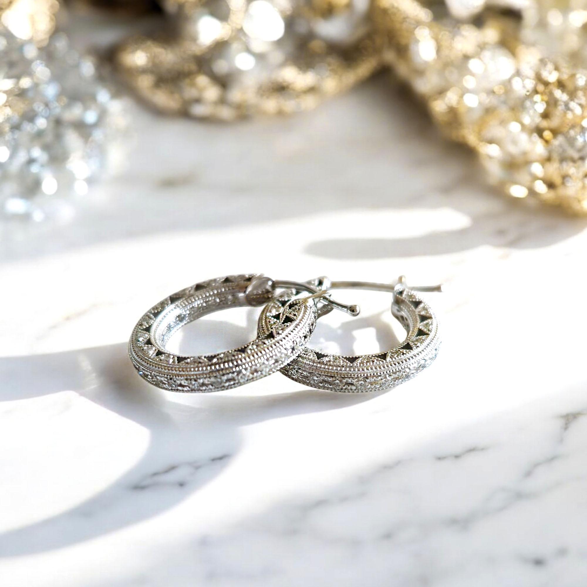 Artisan Vitolo 18 Karat White Gold Diamond Hoop Earrings. For Sale