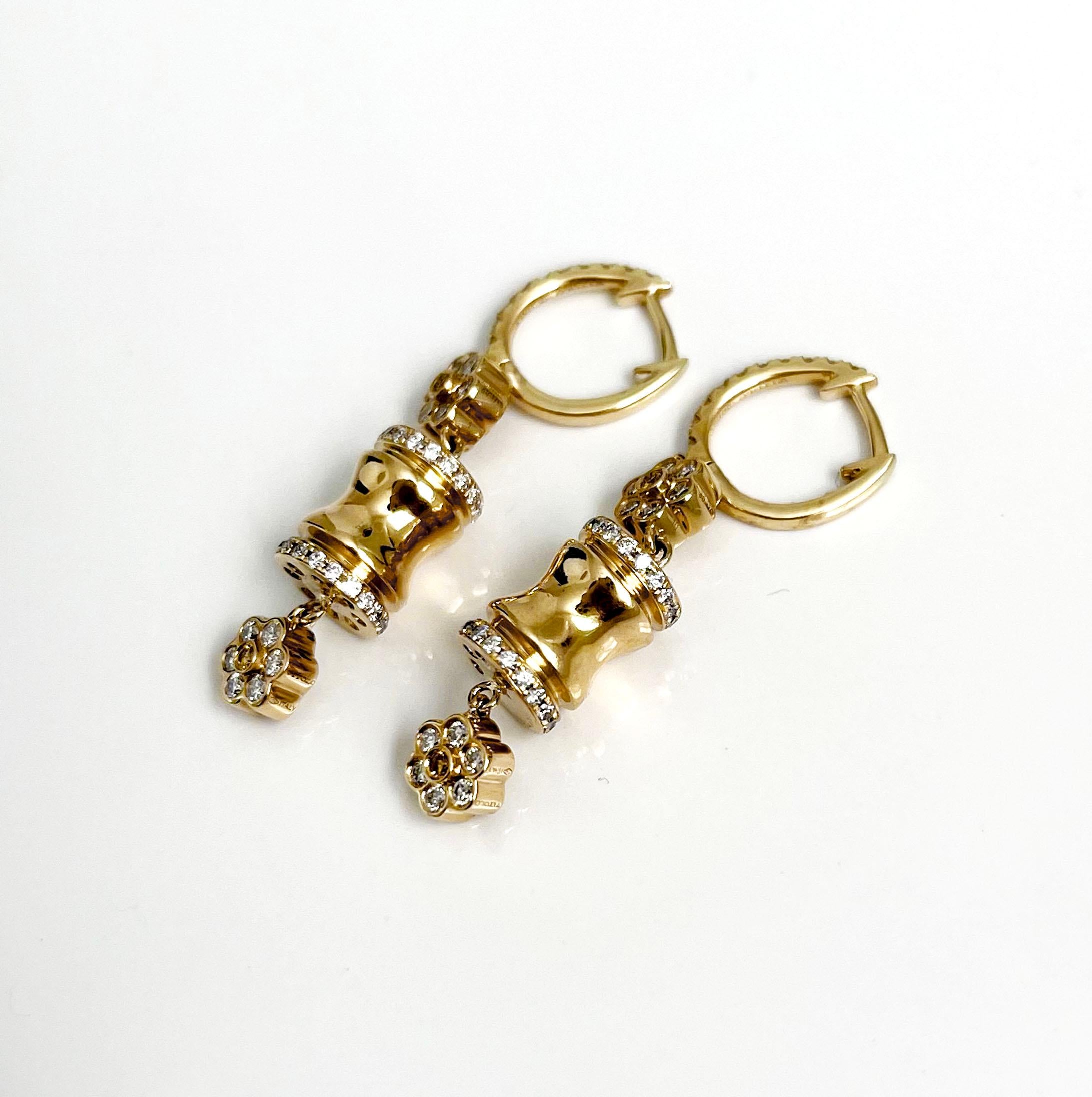Artisan Vitolo 18 Karat Yellow Gold Bamboo & Flower Diamond Drop Earrings For Sale
