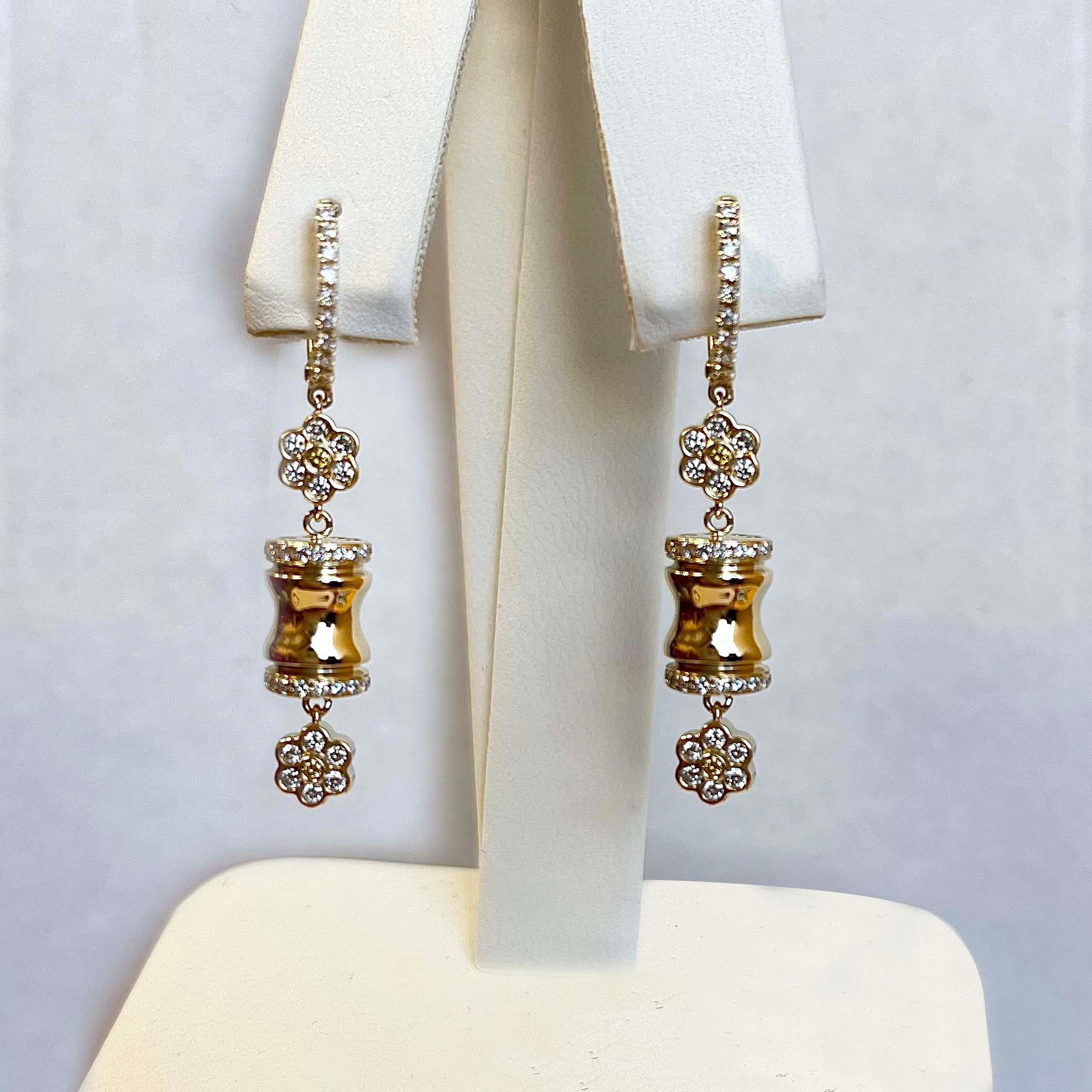 Vitolo 18 Karat Yellow Gold Bamboo & Flower Diamond Drop Earrings In New Condition For Sale In Los Angeles, CA