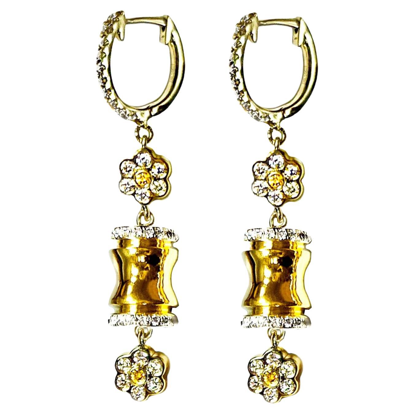 Vitolo 18 Karat Yellow Gold Bamboo & Flower Diamond Drop Earrings For Sale