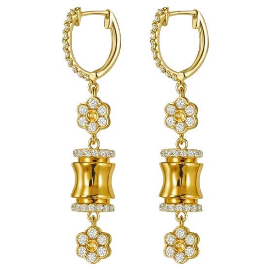 Vitolo - Orecchini a goccia in oro giallo 18 carati con bambù e fiori di diamanti