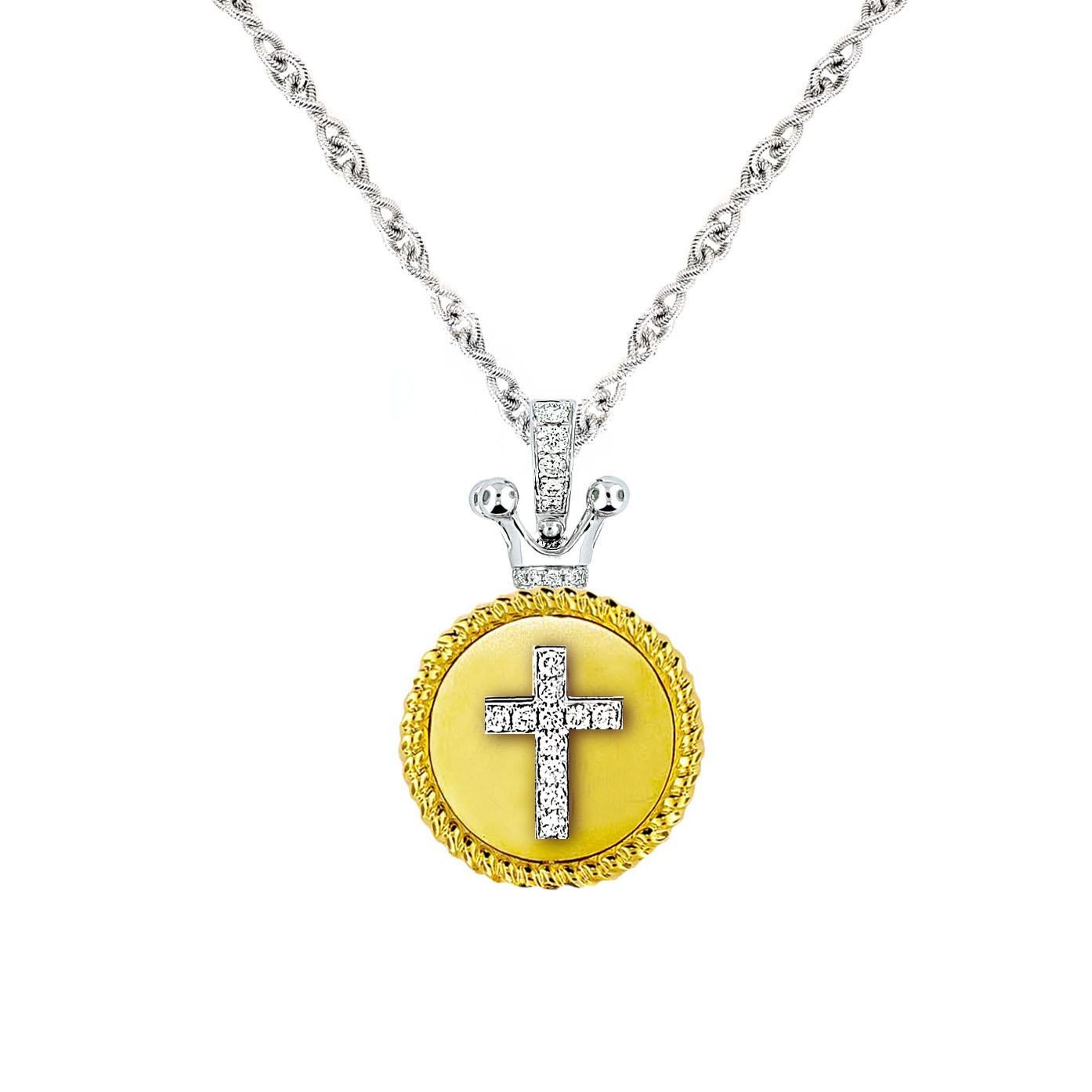 Vitolo 18K Gold Diamond Set Cross Pendant with Crown Bail In New Condition For Sale In Los Angeles, CA