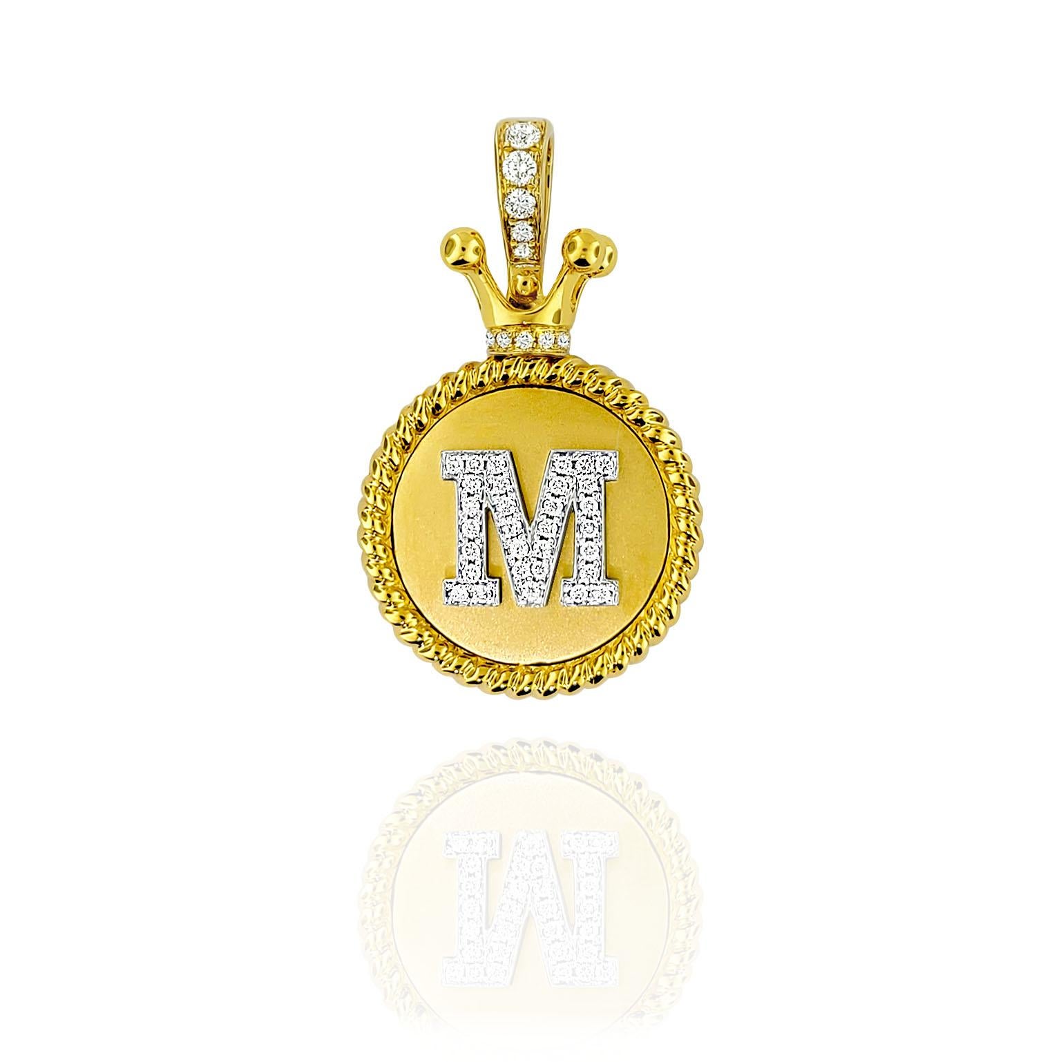 Round Cut Vitolo 18K Gold Diamond Set Initial Pendant with Crown Bail For Sale