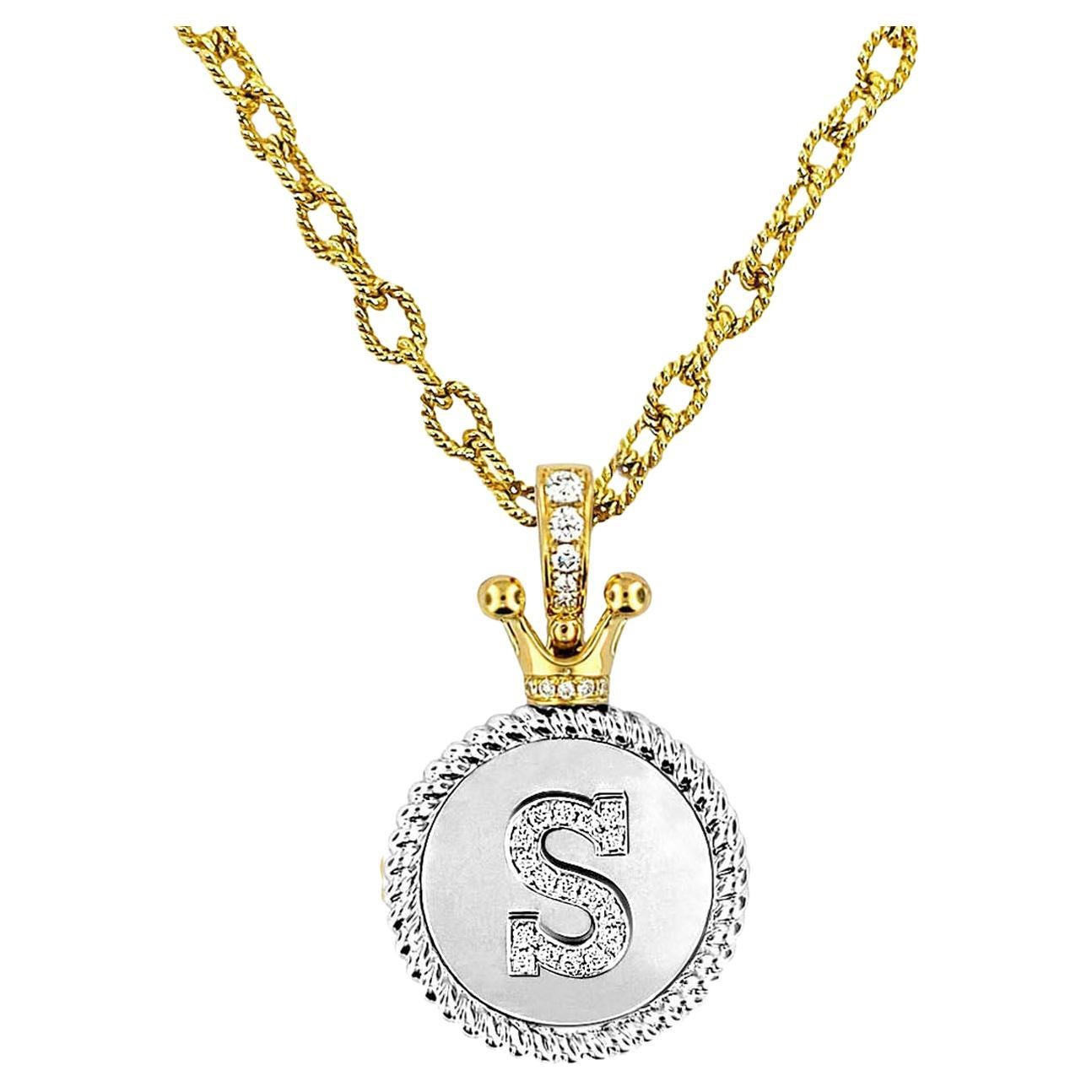 Vitolo 18K Gold Diamond Set Initial Pendant with Crown Bail For Sale