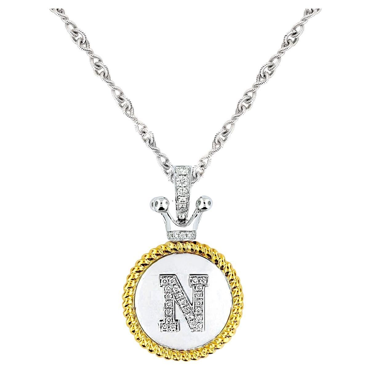 Vitolo 18K Gold Diamond Set Initial Pendant with Crown Bail For Sale