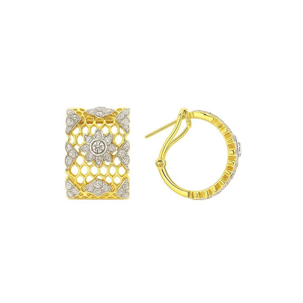 Donna Vitolo - Orecchini a cerchio floreali a nido d'ape in oro 18 carati a due tonalità di diamanti in vendita