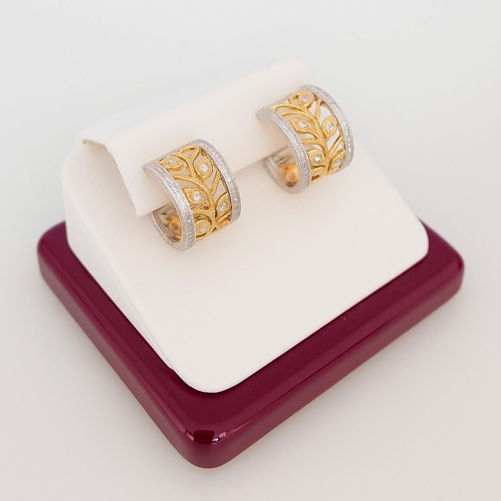 Artisan Vitolo 18K Two-Tone Gold Diamond Leaf Earrings with Omega Clips For Sale