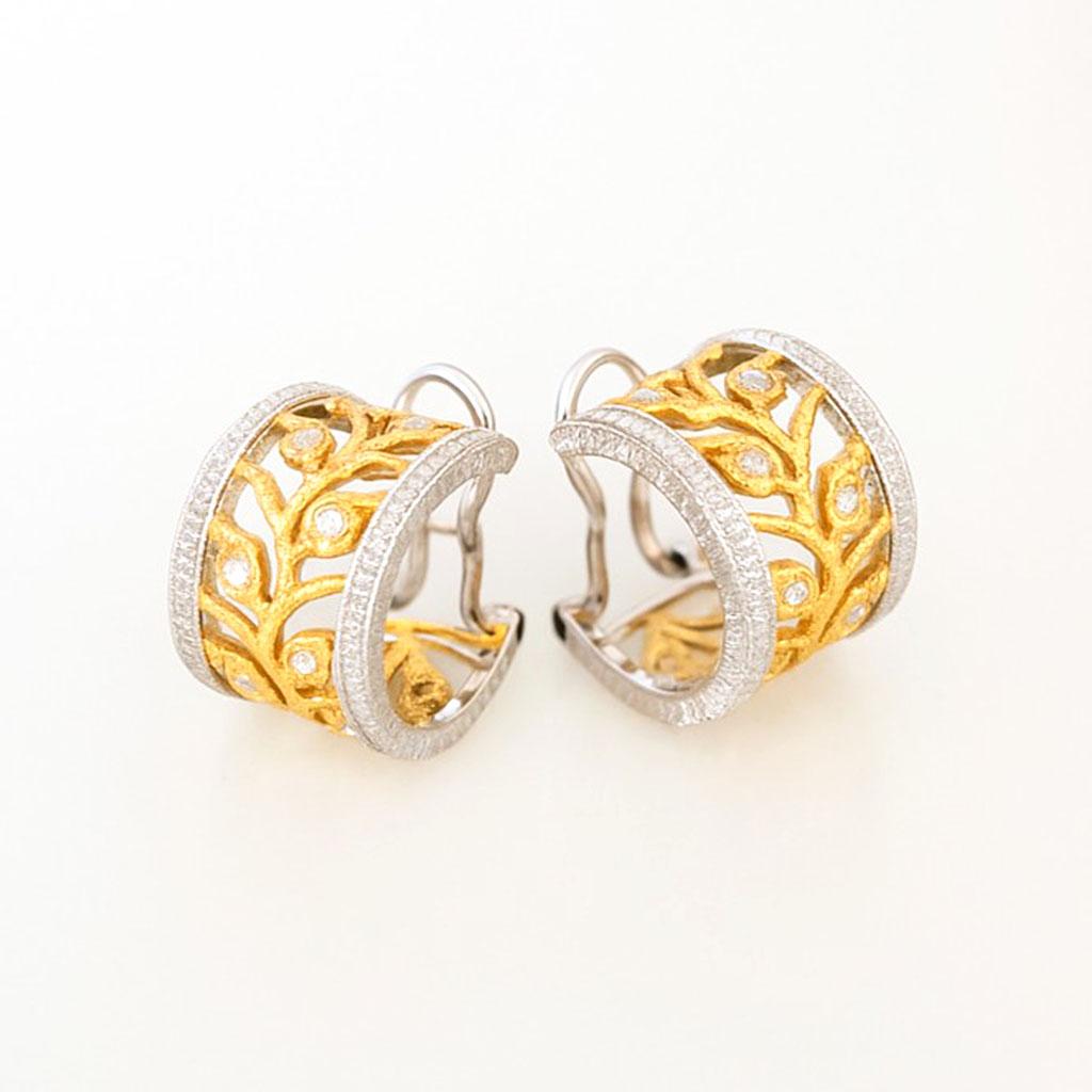 Round Cut Vitolo 18K Two-Tone Gold Diamond Leaf Earrings with Omega Clips For Sale