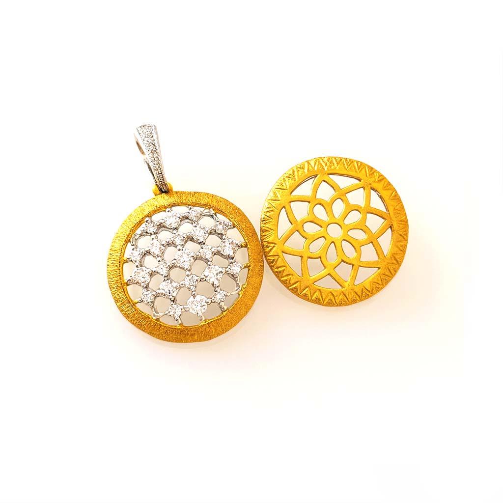 Vitolo 18K zweifarbiges Gold Diamant Medaillon Anhänger - Etruscan Style im Zustand „Neu“ im Angebot in Los Angeles, CA