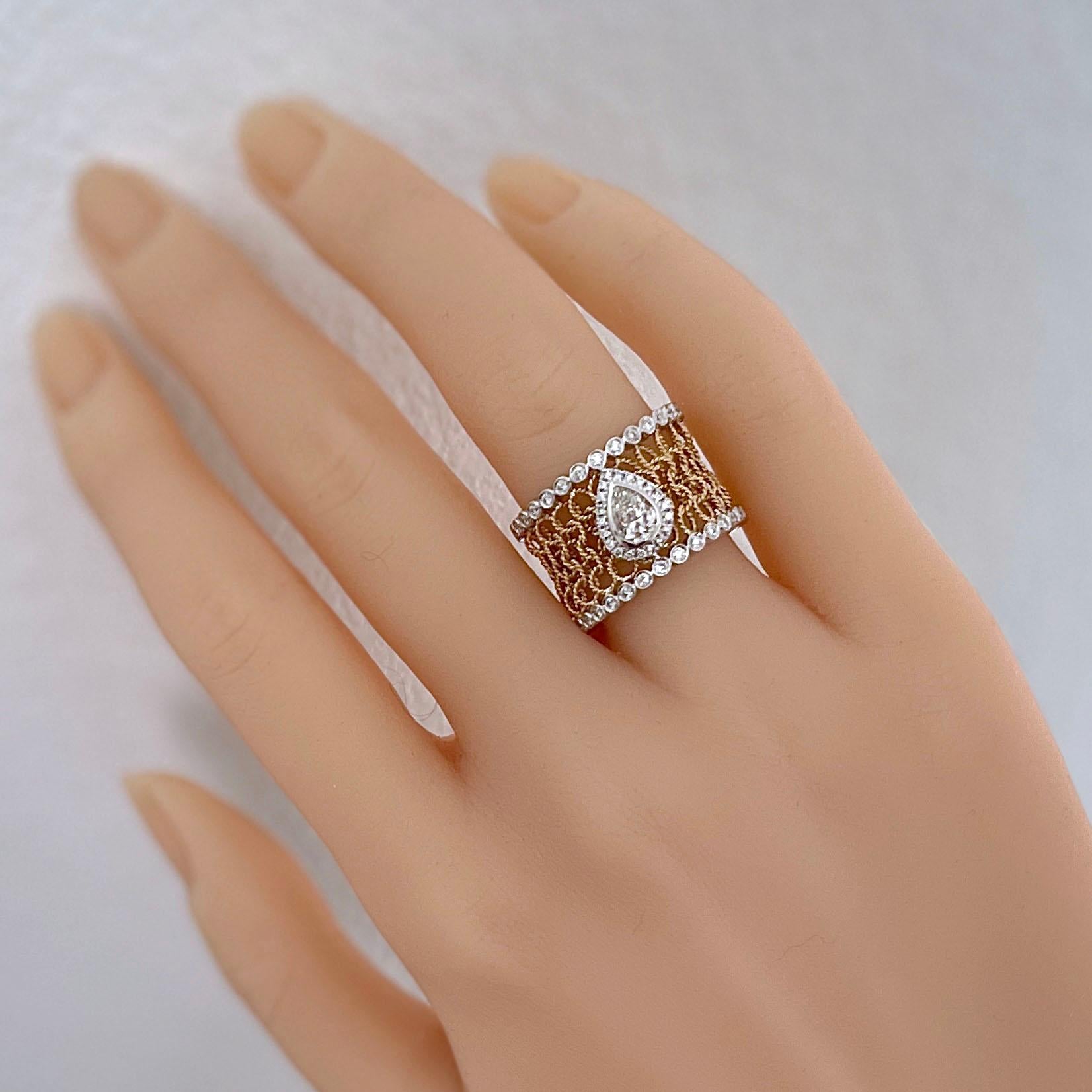 Vitolo Bague en or bicolore 18K avec diamant en maille et centre en forme de poire Pour femmes en vente