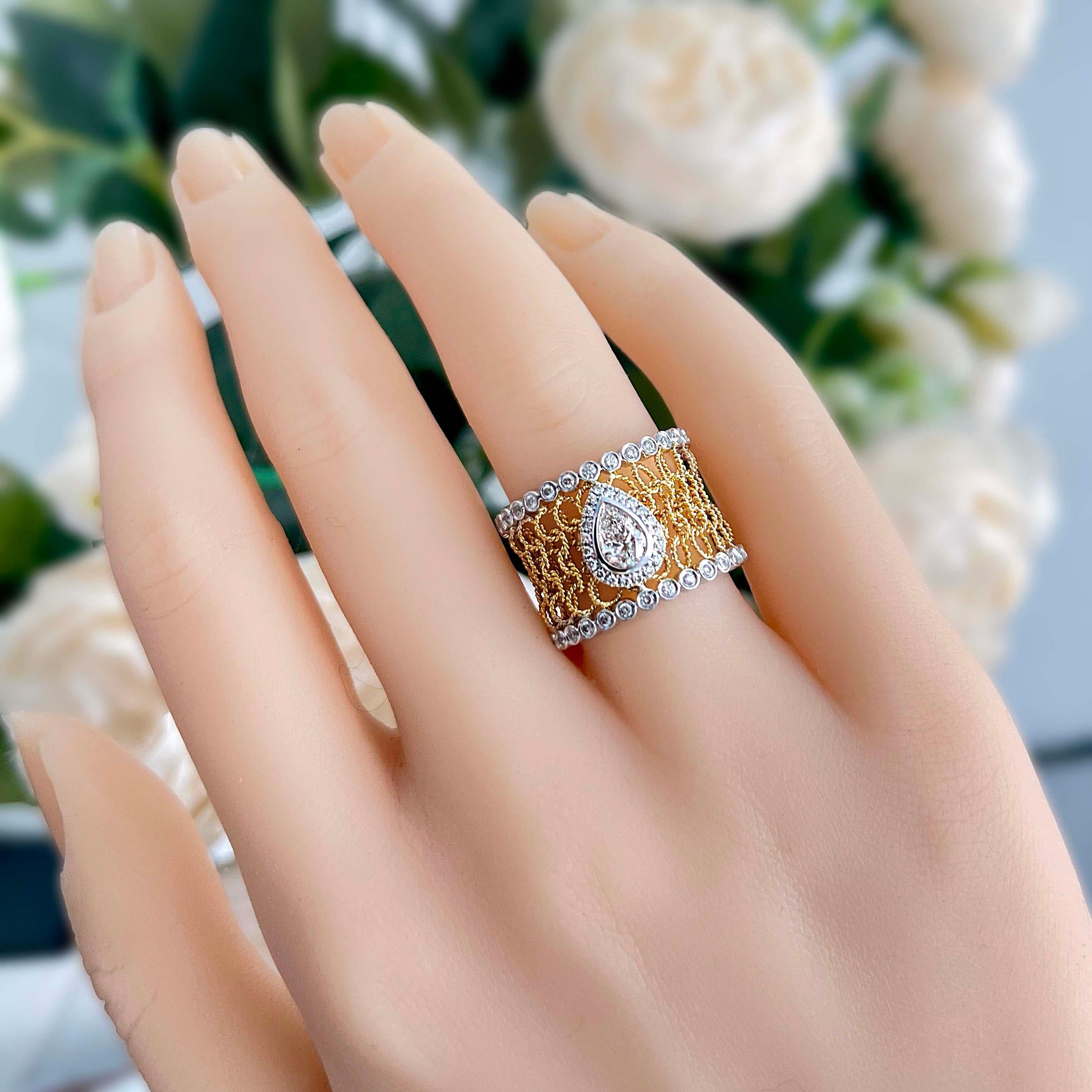 Vitolo Bague en or bicolore 18K avec diamant en maille et centre en forme de poire en vente 1